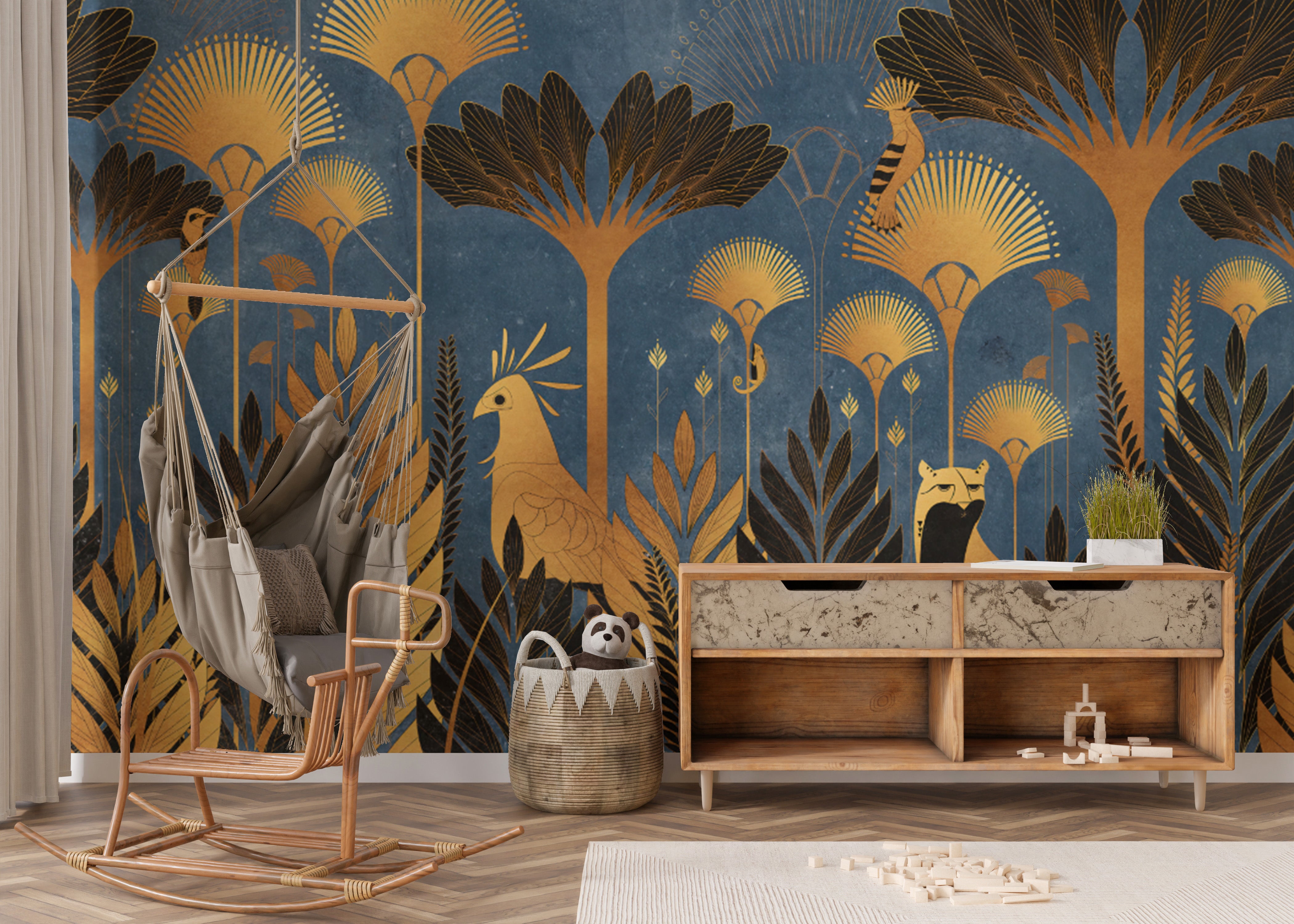 Bold blue Art Deco jungle wallpaper with palm leaves and gold
