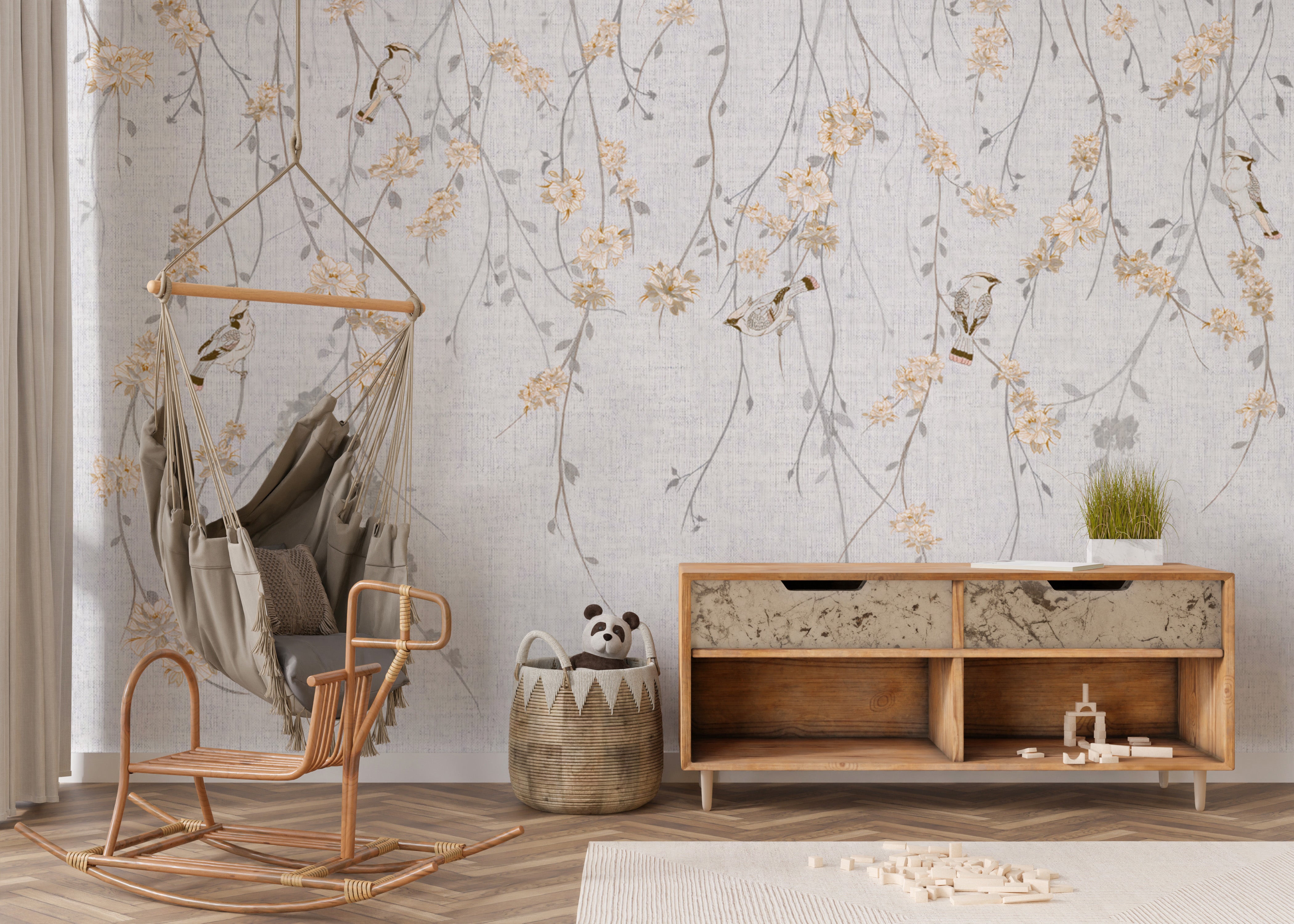 Hanging floral branches wallpaper with soft natural tones
