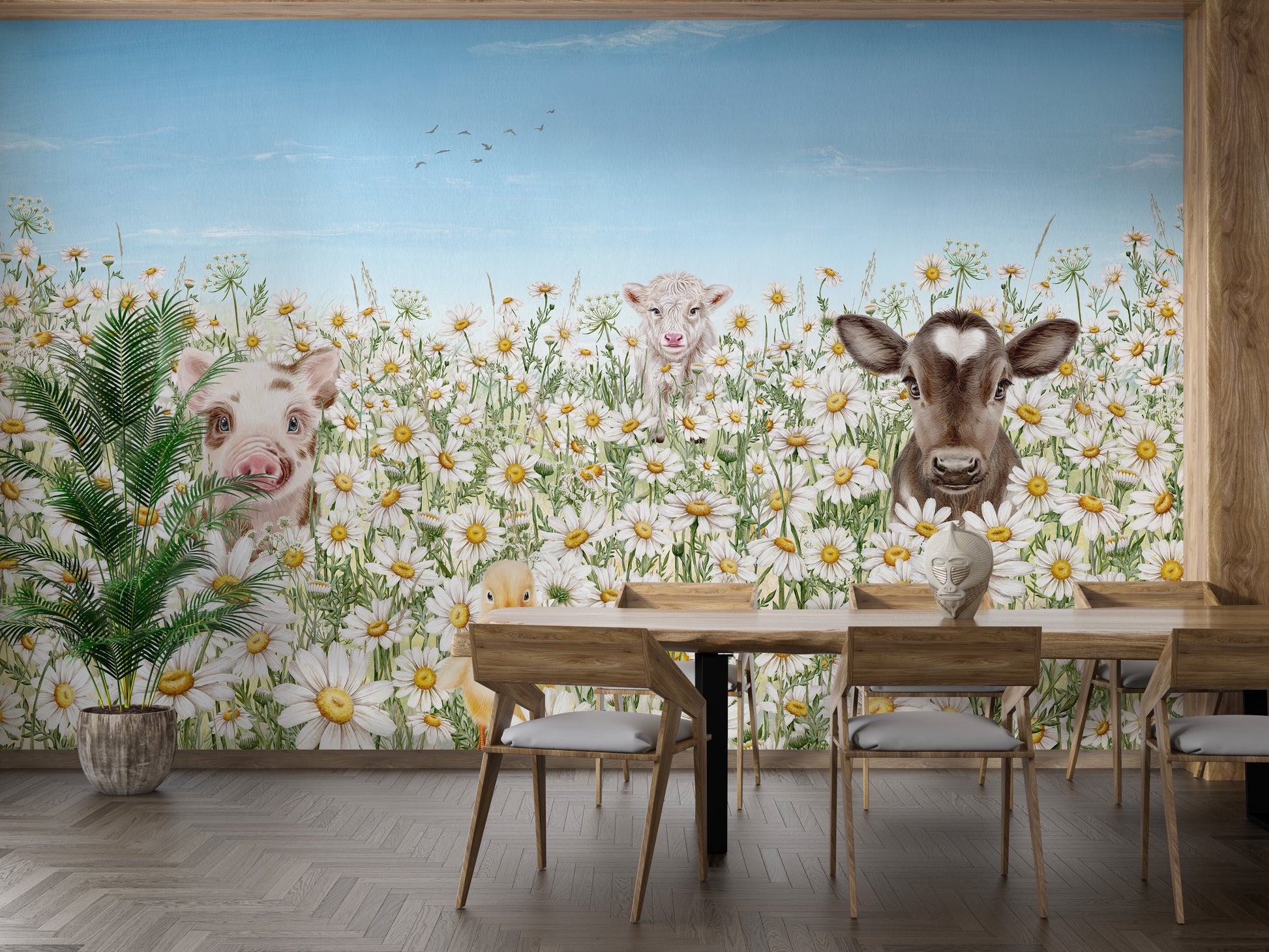 Vibrant farm animals wall mural for a fun, rustic look.
