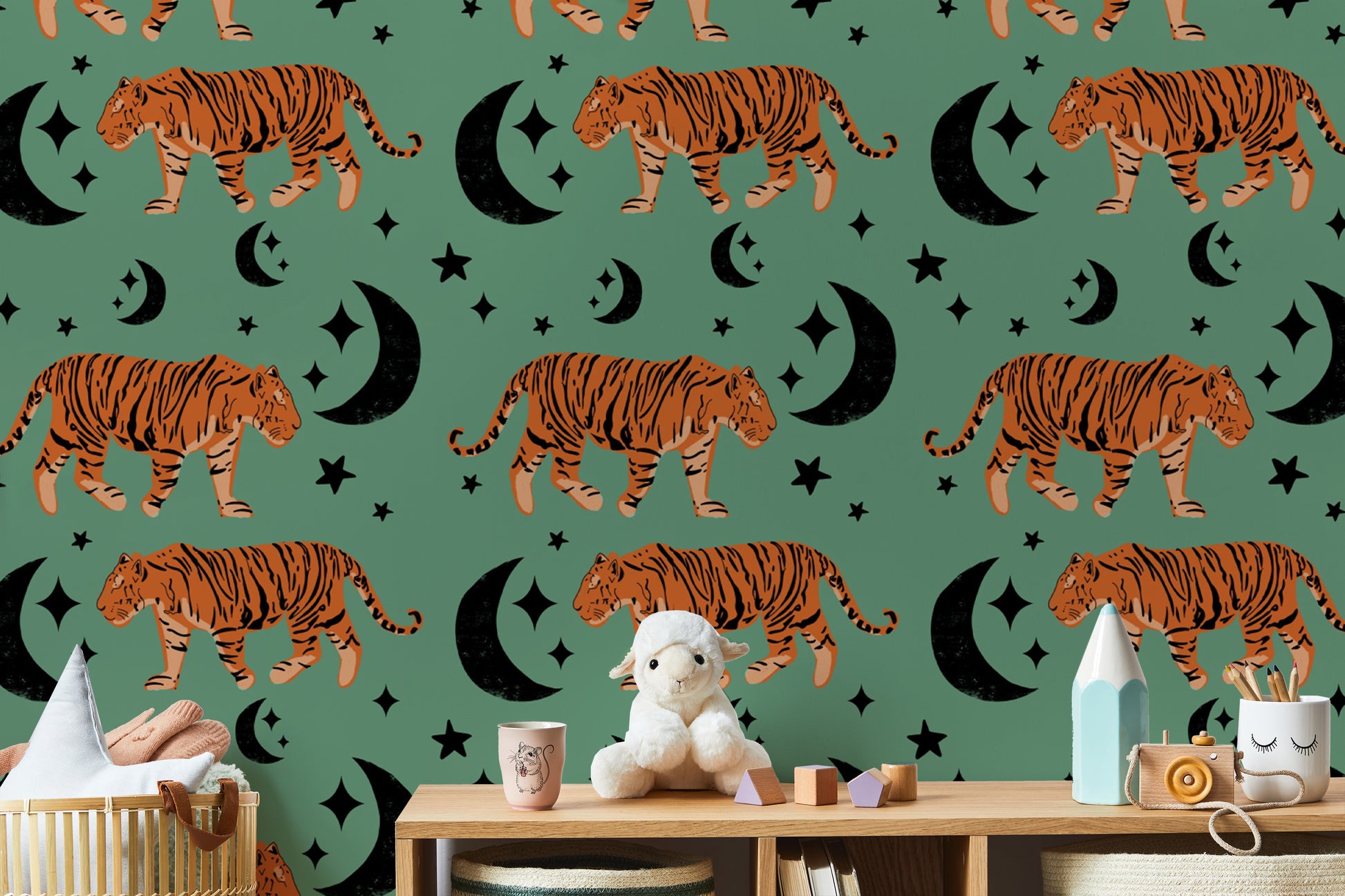 Kids Room Tiger Moon Green Wallpaper design