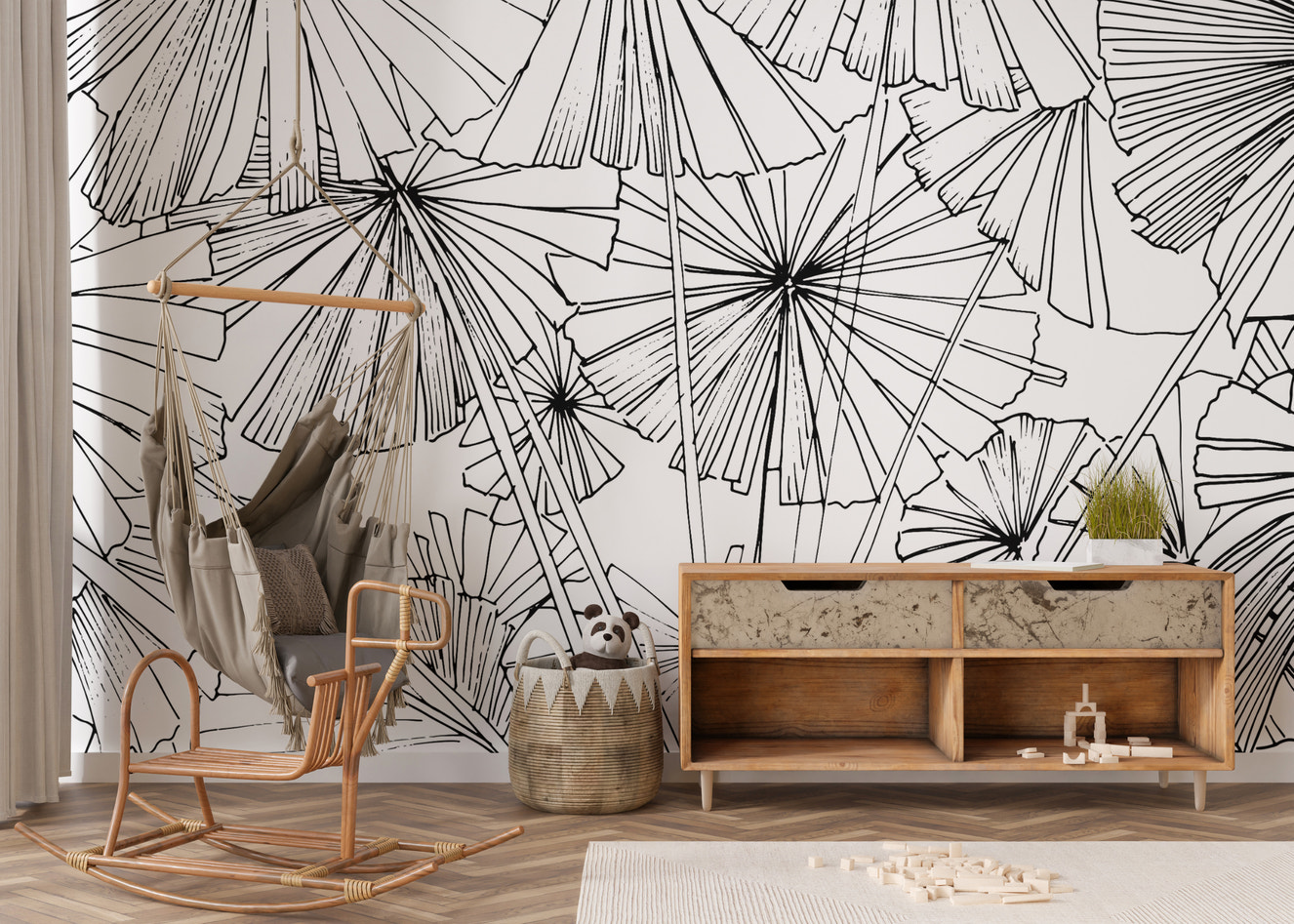 Hand-drawn palm leaf wallpaper for modern interiors
