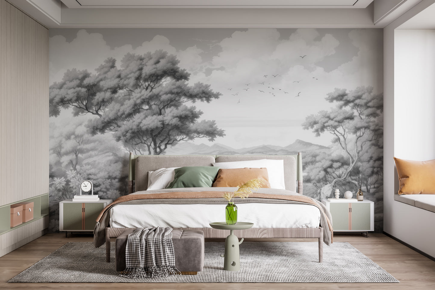 Scenic gray town-inspired wallpaper mural
