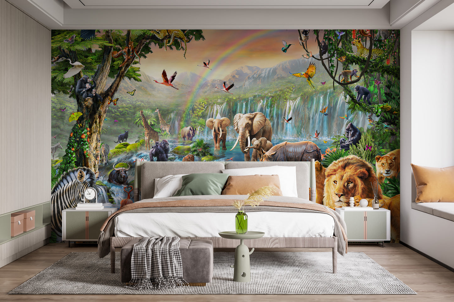 Vivid Animal Kingdom with waterfall Wallpaper Murals