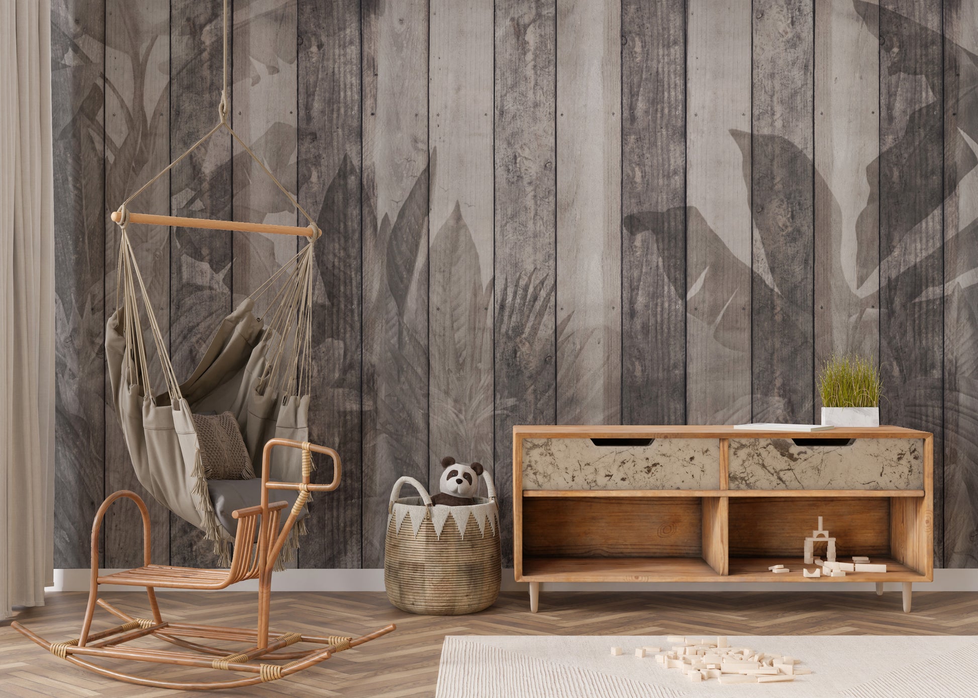 Rustic botanical wood panel wallpaper with vintage charm
