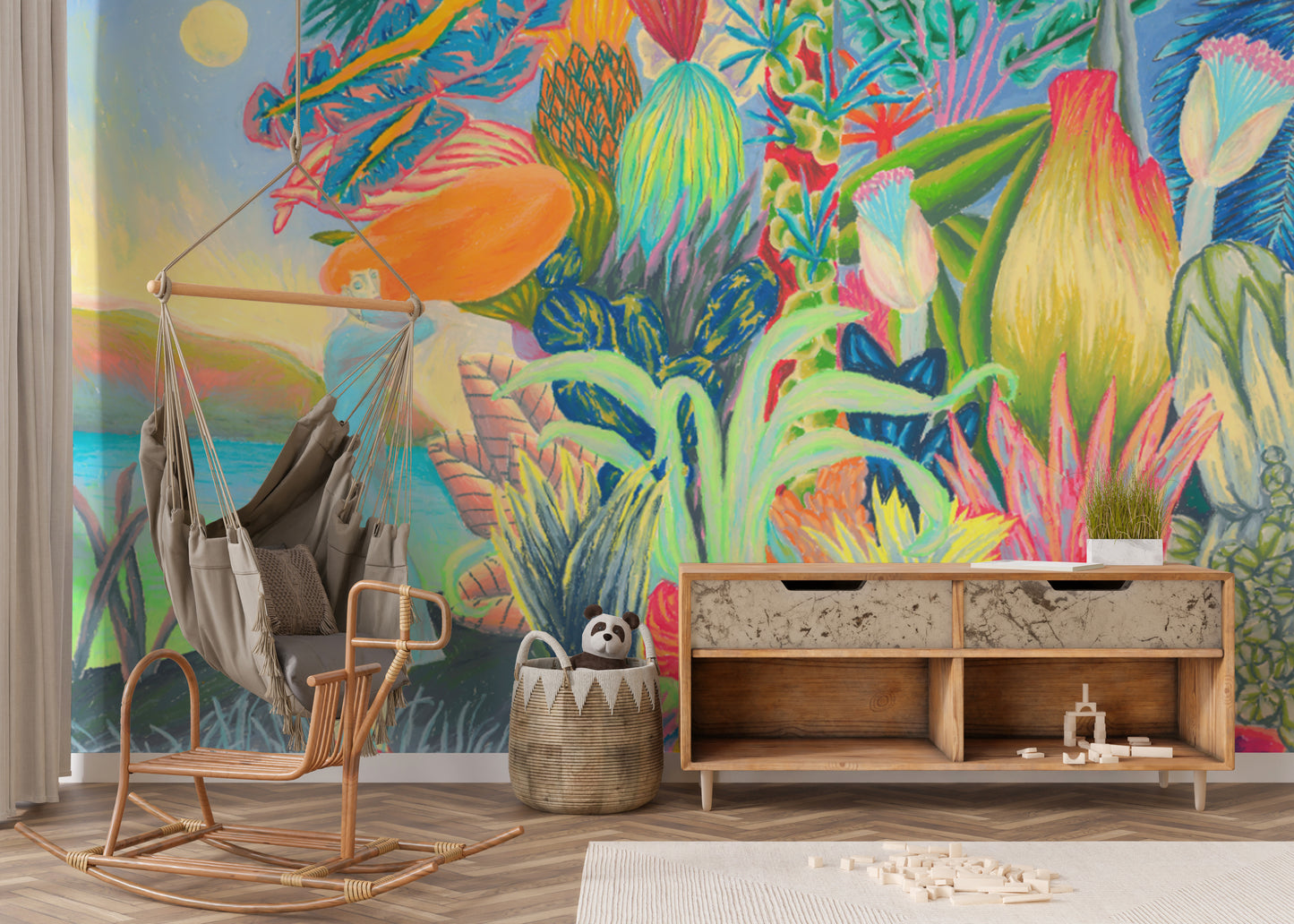 Surreal tropical fantasy art wallpaper for dreamy decor
