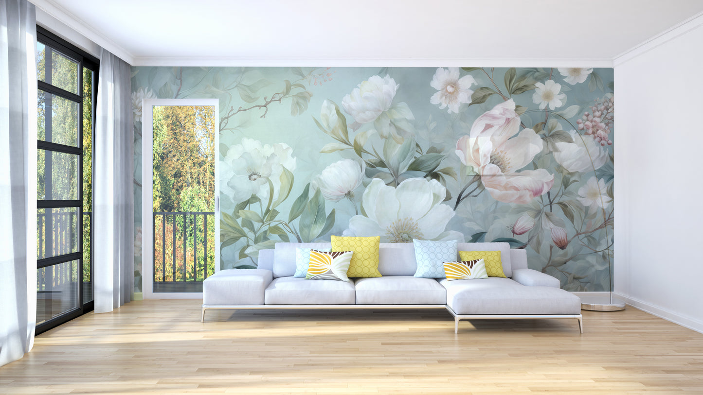 Transform your room with stunning blossom green floral wallpaper murals.