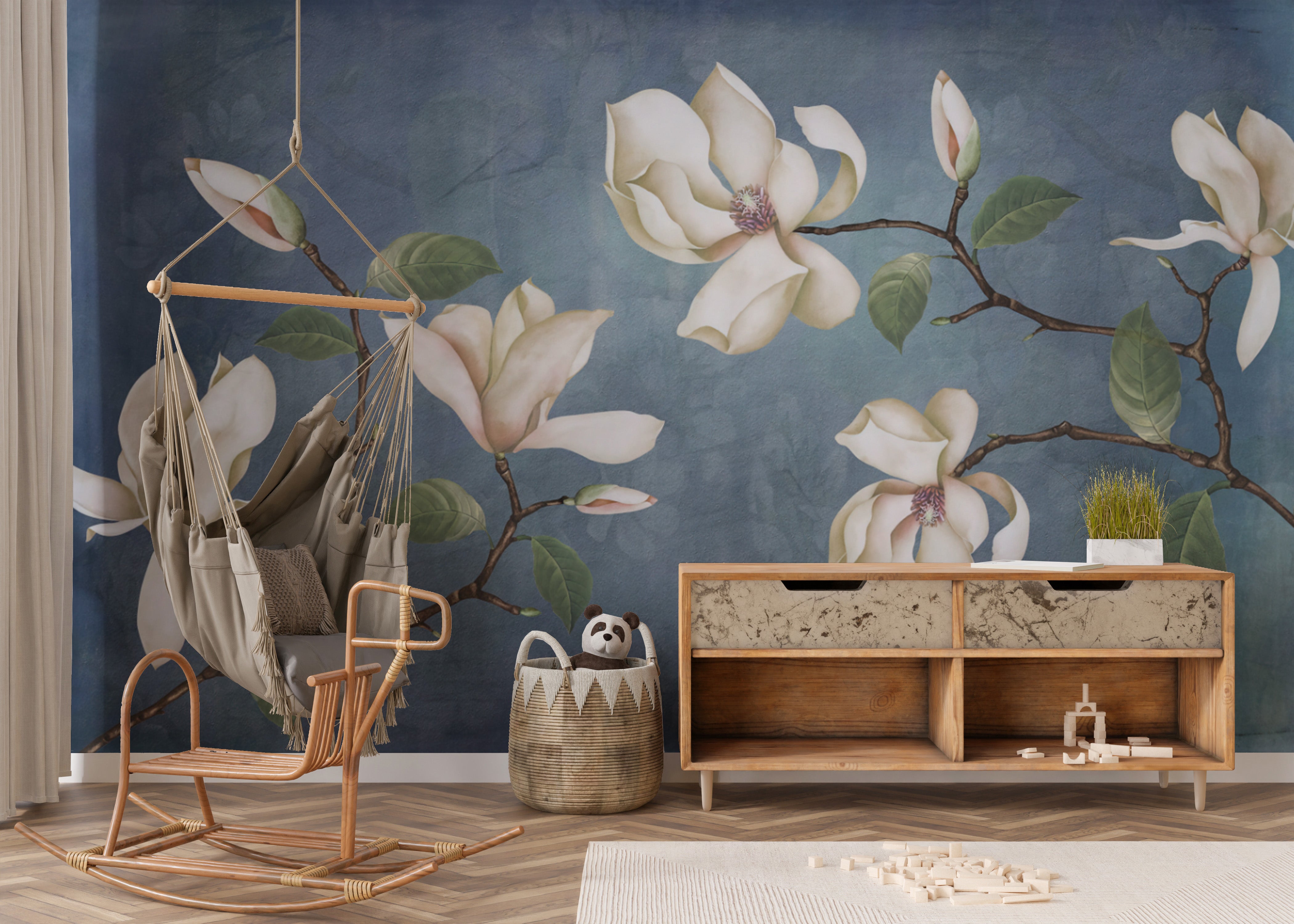 Floral Magnolia Wallpaper Mural in deep blue tones
