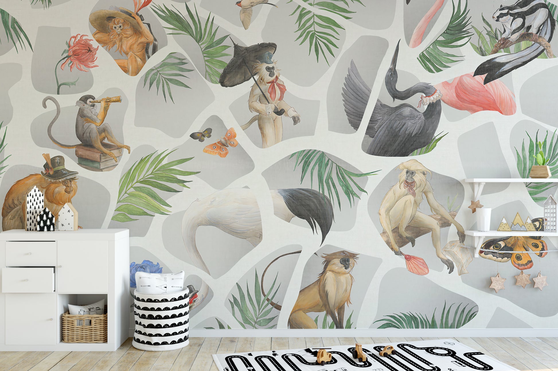 Light gray watercolor monkey and birds mural for modern spaces.
