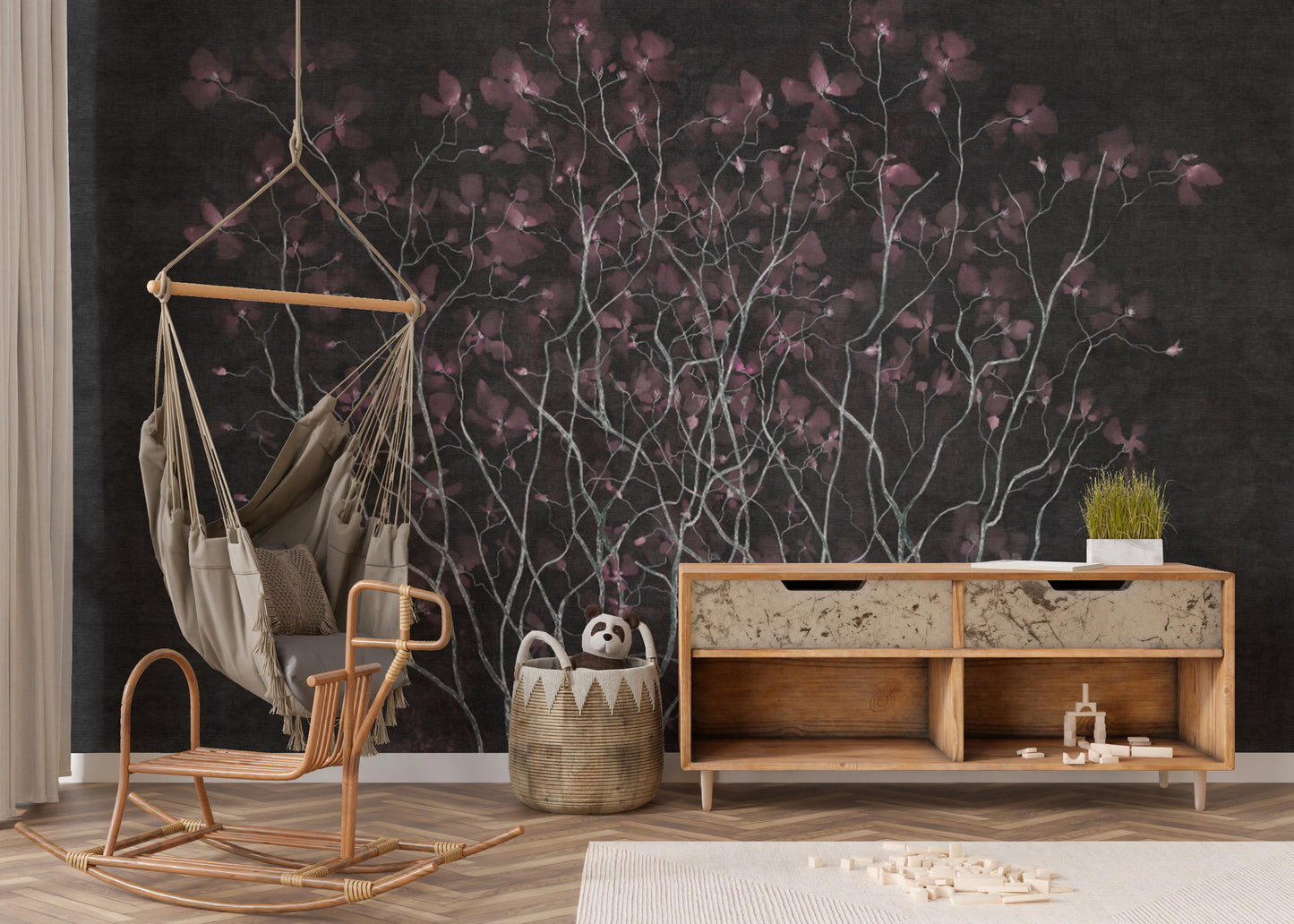 Sophisticated floral illusion mural in deep nightshade colors