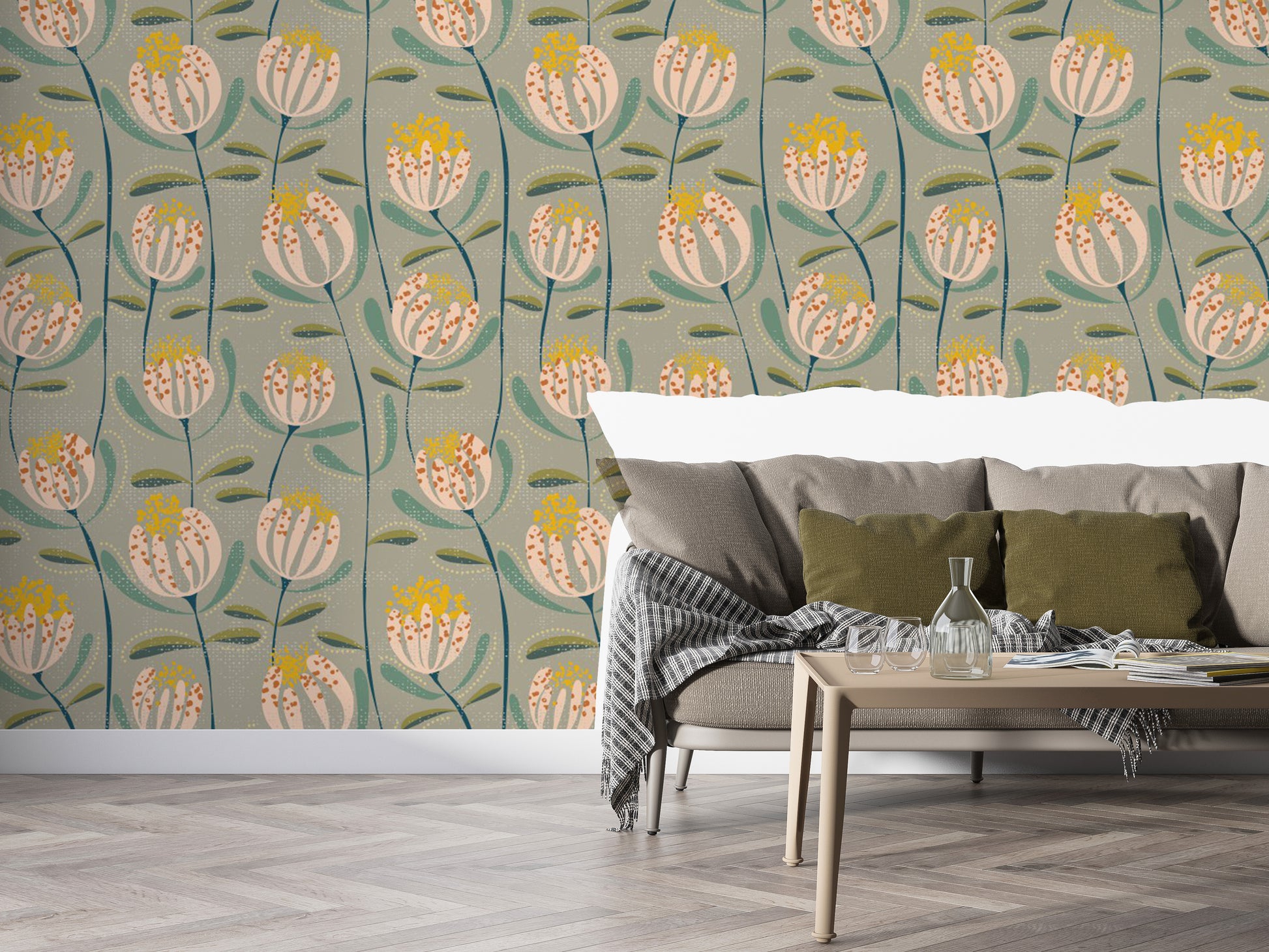 Minimalist floral wallpaper in earthy tones