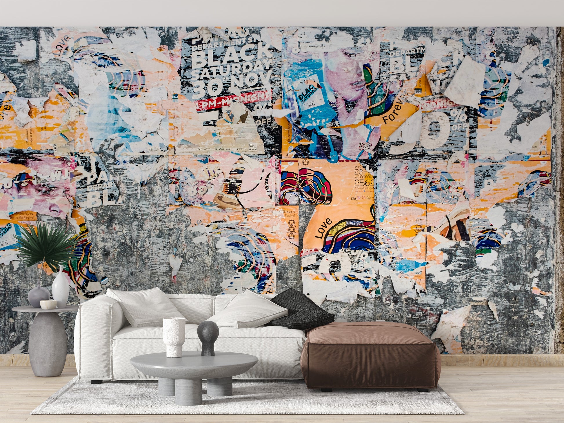 Dynamic poster patchwork graffiti-style wallpaper mural for interiors.