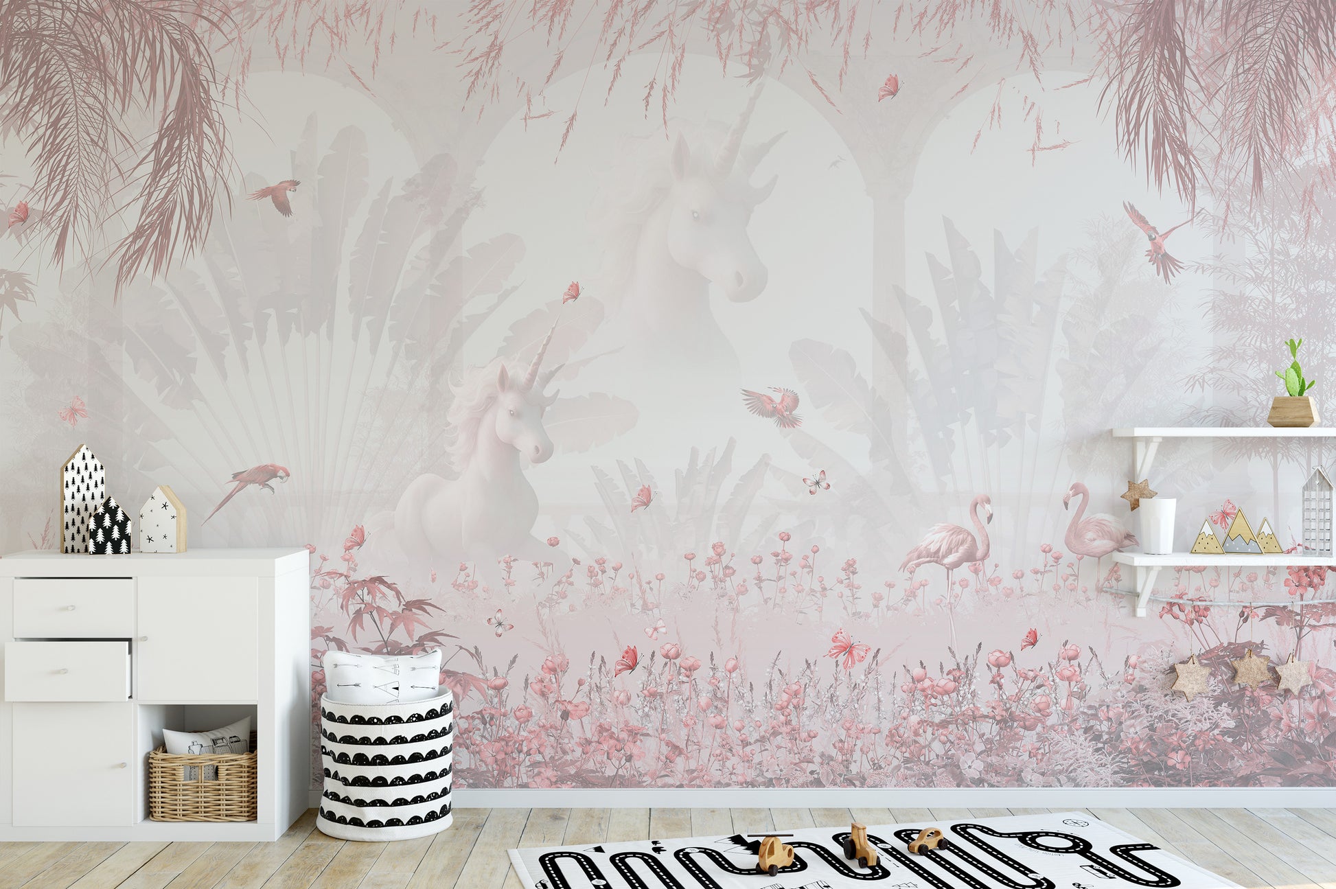 Nursery wall enhanced by Serenity Blush Forest wallpaper design