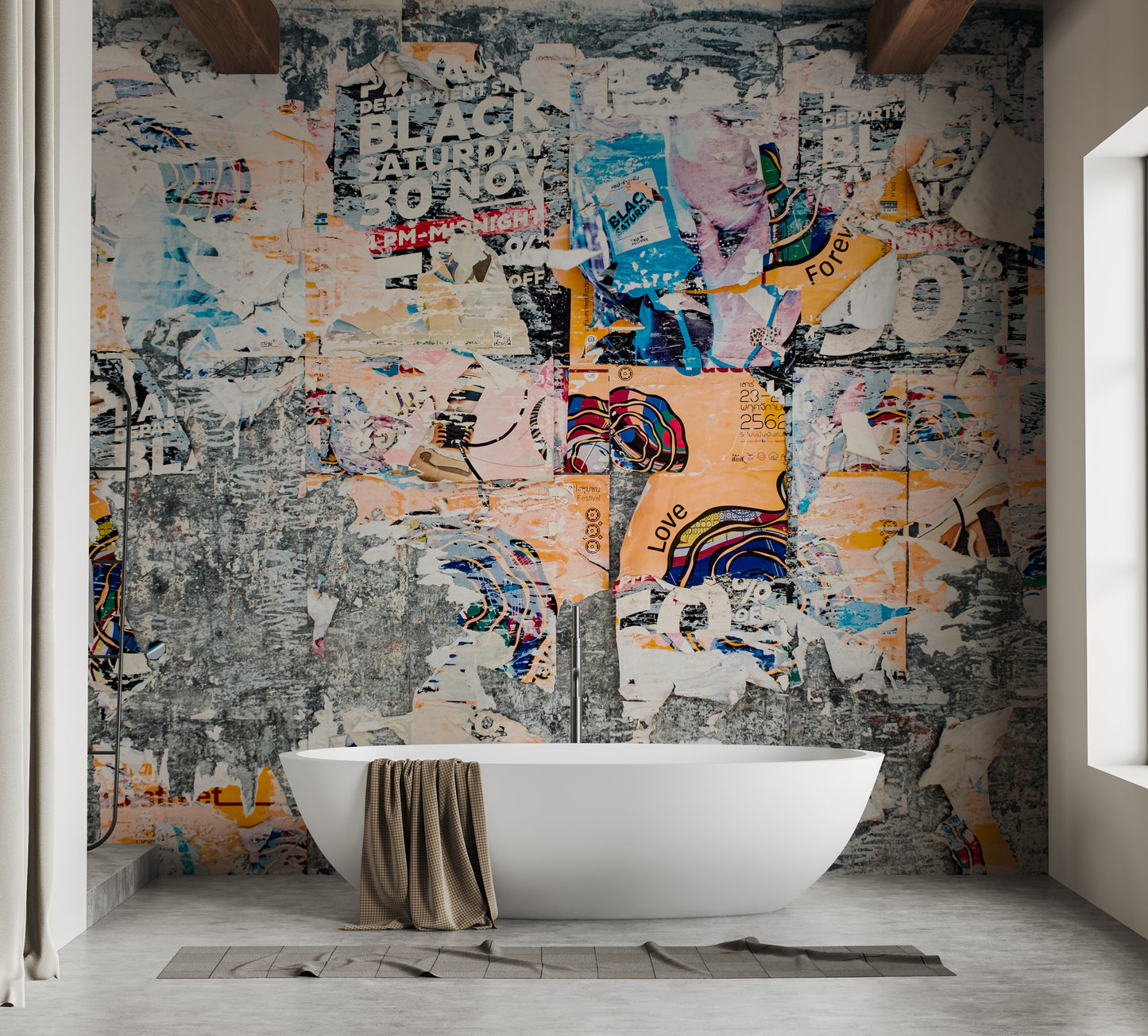 Artistic poster collage mural wallpaper with urban patchwork design.