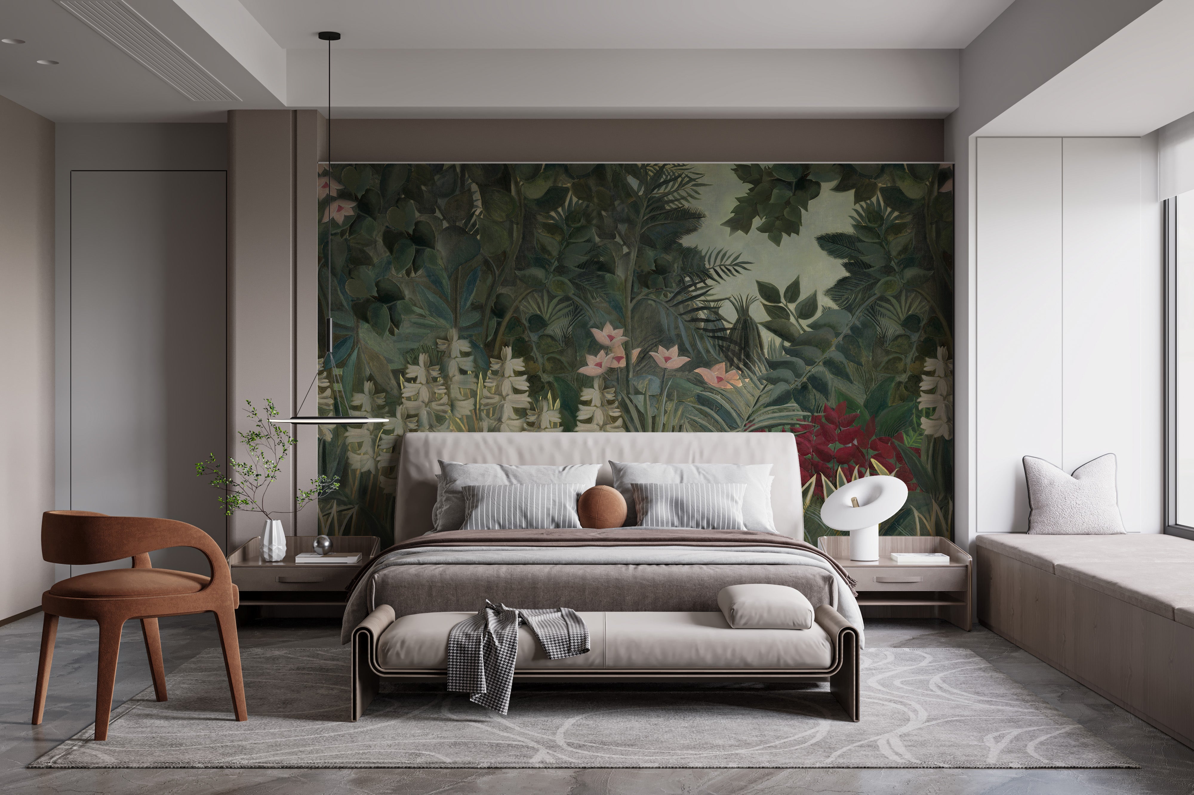 Serene watercolor forest wall mural design
