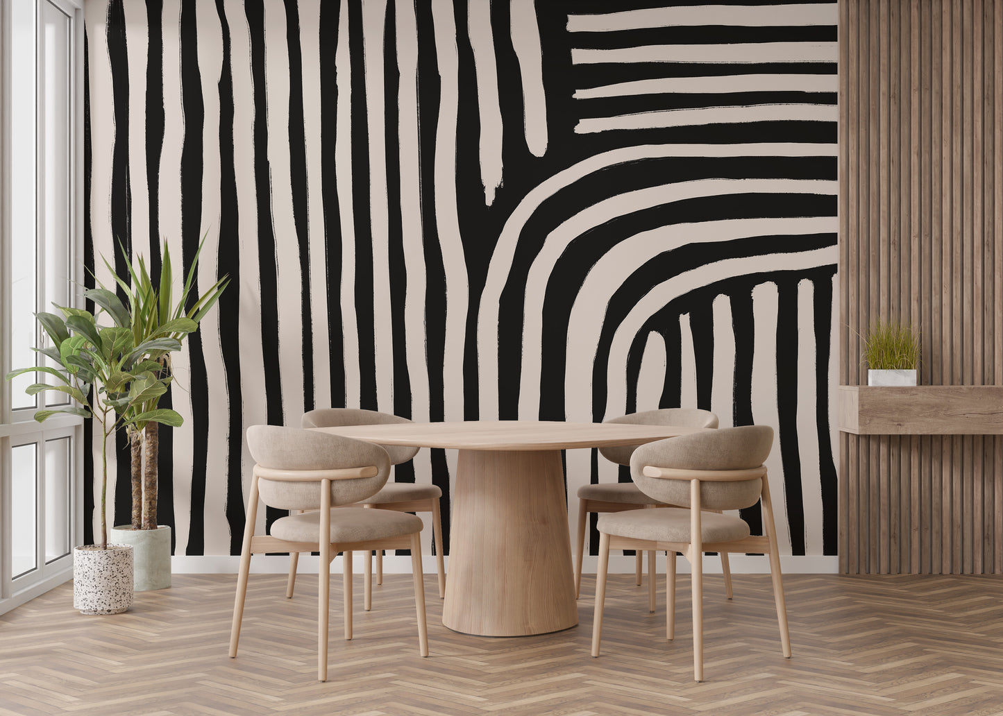 black and white striped wallpaper mural