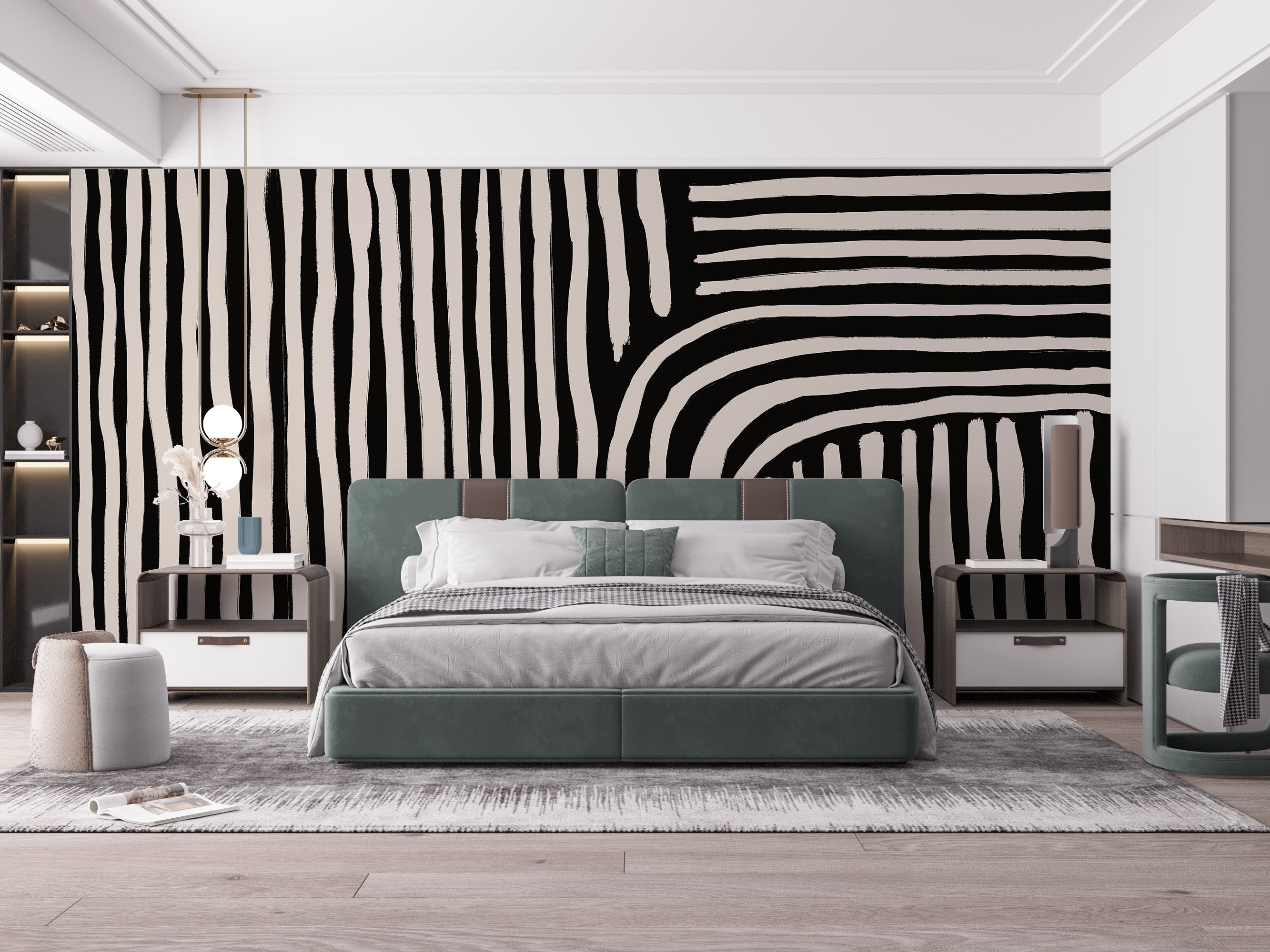 Monochrome black and white striped wallpaper