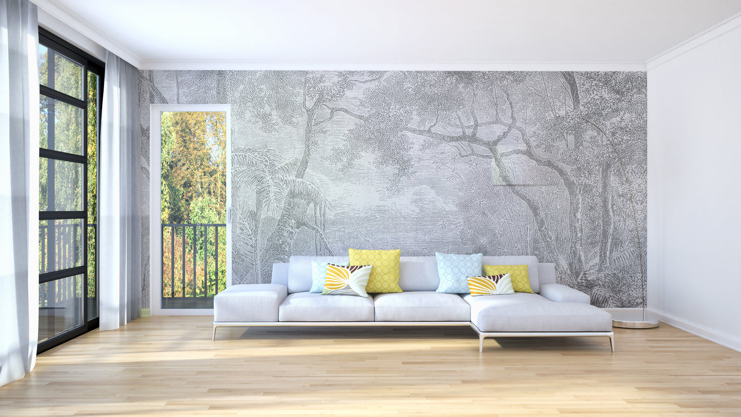 Gray Color Sketch Forest Wallpaper Murals for a Natural Look - Giffywalls