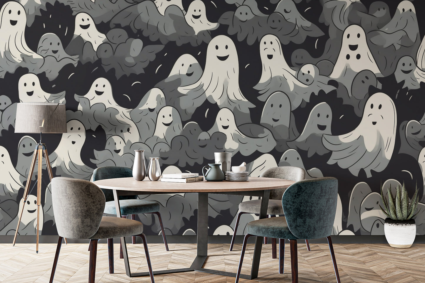 Black and White Ghosts Halloween Wallpaper