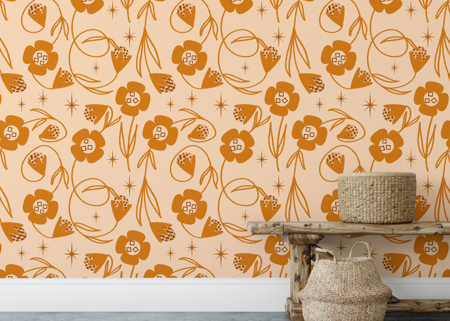 Peach wallpaper with orange flower vines
