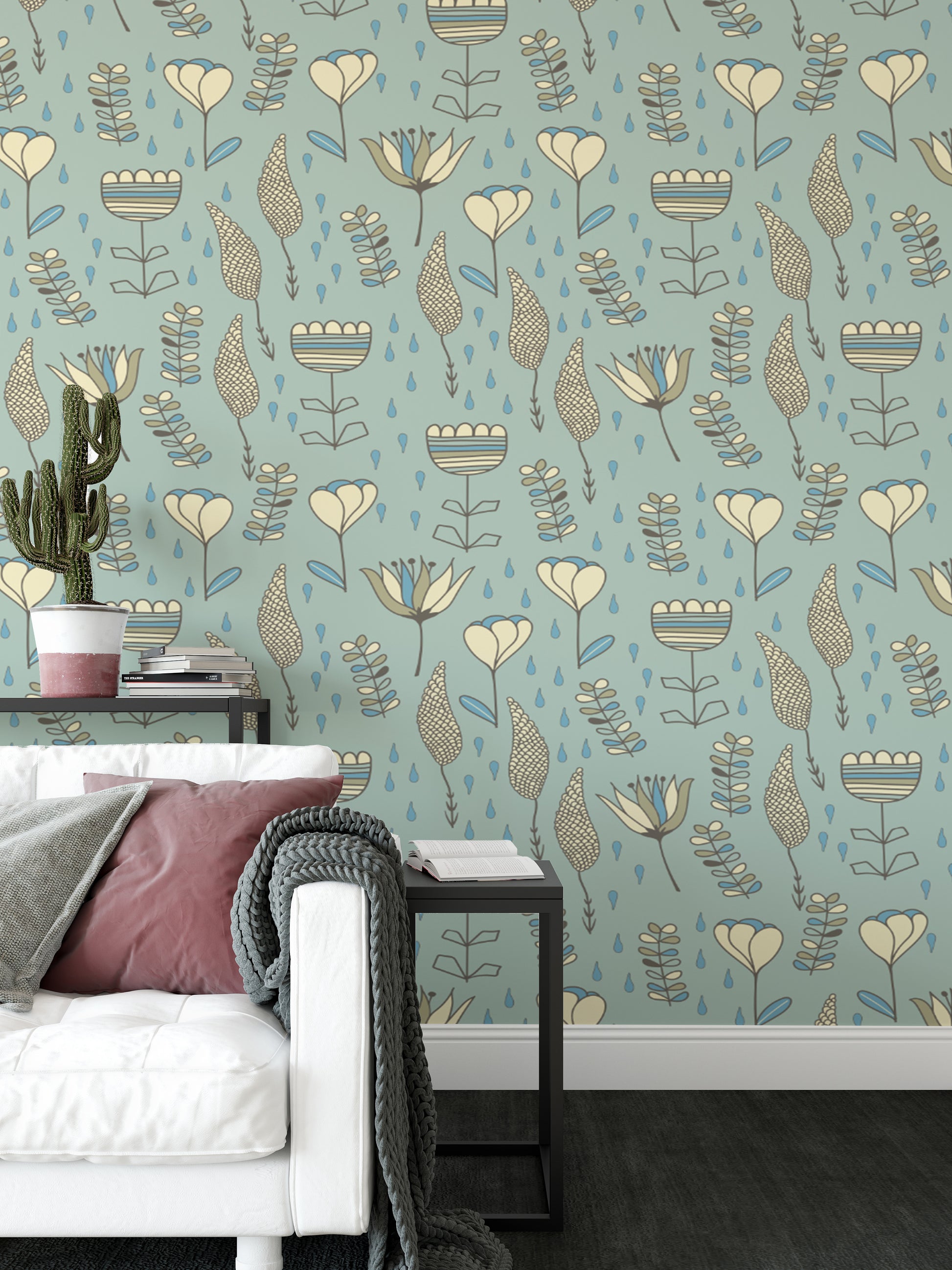 Contemporary naive blooms wallpaper for stylish spaces.
