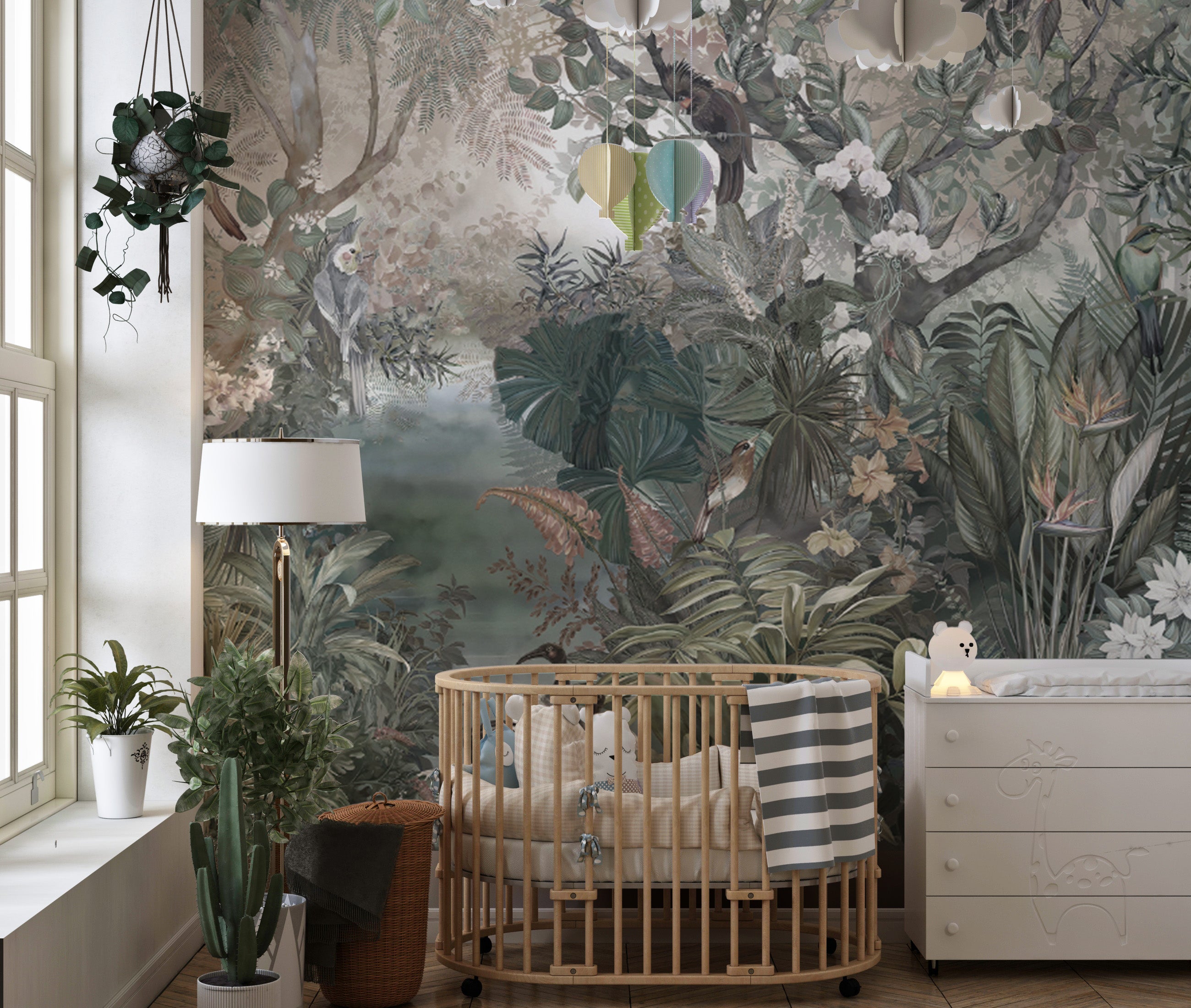 "Detailed Jungle Mural with Cranes and Tropical Plants"