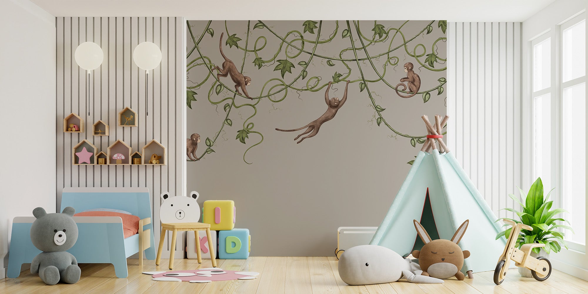 Nursery walls shine bright with Joyful Monkey wallpaper