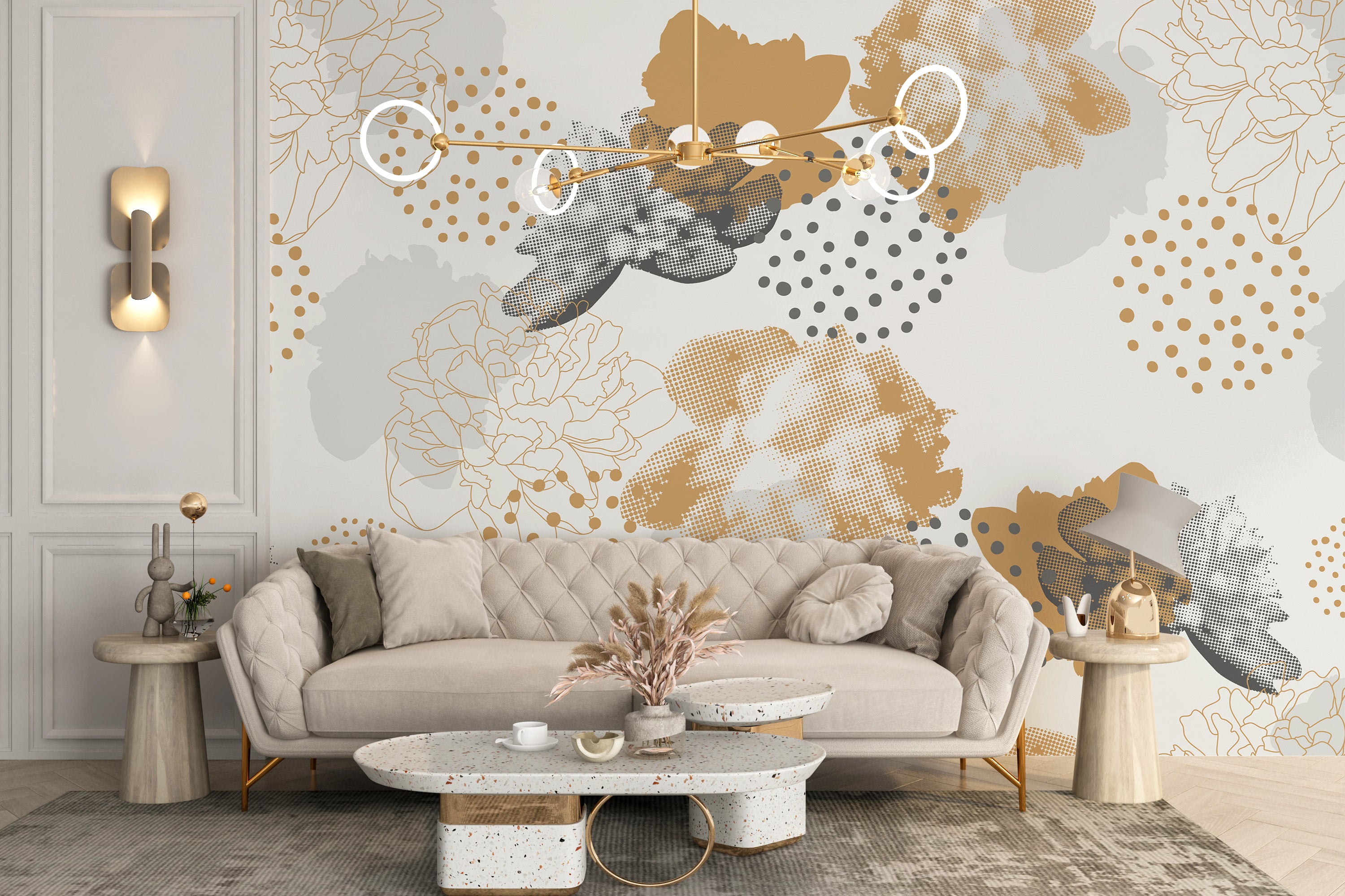 Elegant black floral mural with gold accents