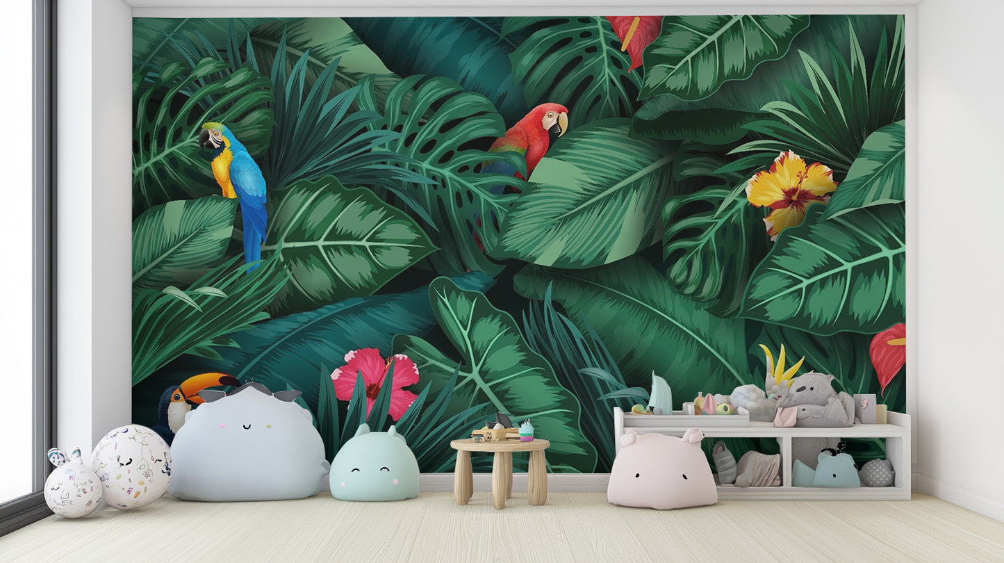 Tropical Green Leaves and Birds Wallpaper Mural