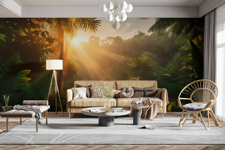 Serene Sun Kissed Rainforest wall mural for tranquil living room walls