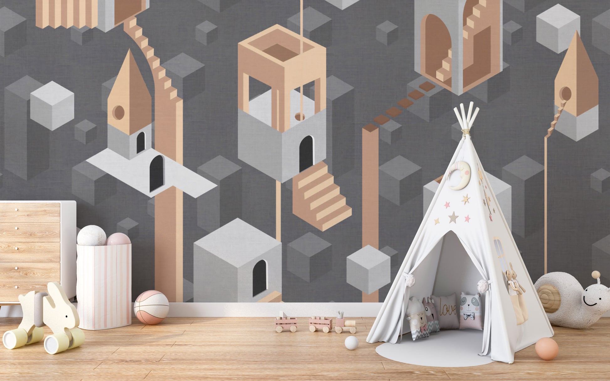 3D Gray Surreal Geometric Architecture Wallpaper with Cubes
