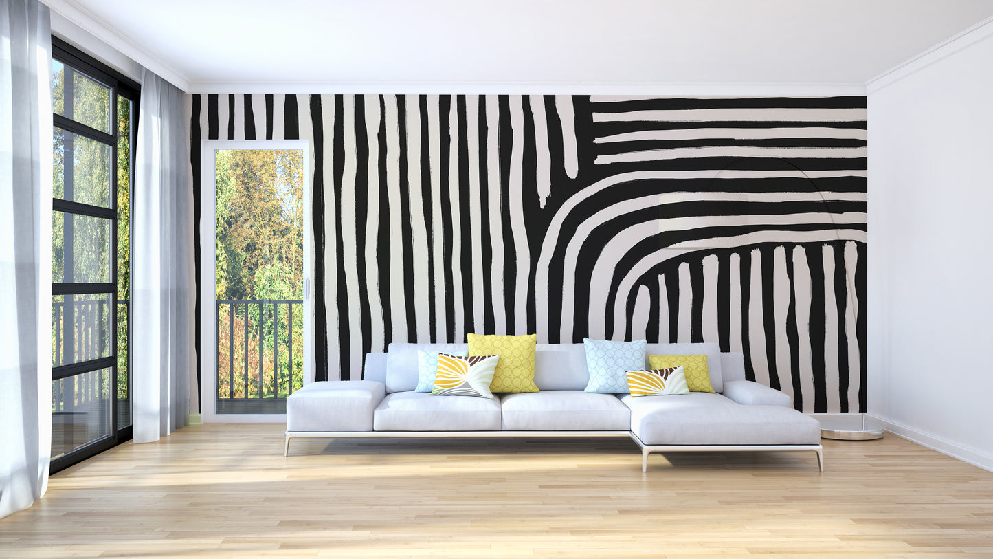 black and white striped wallpaper mural