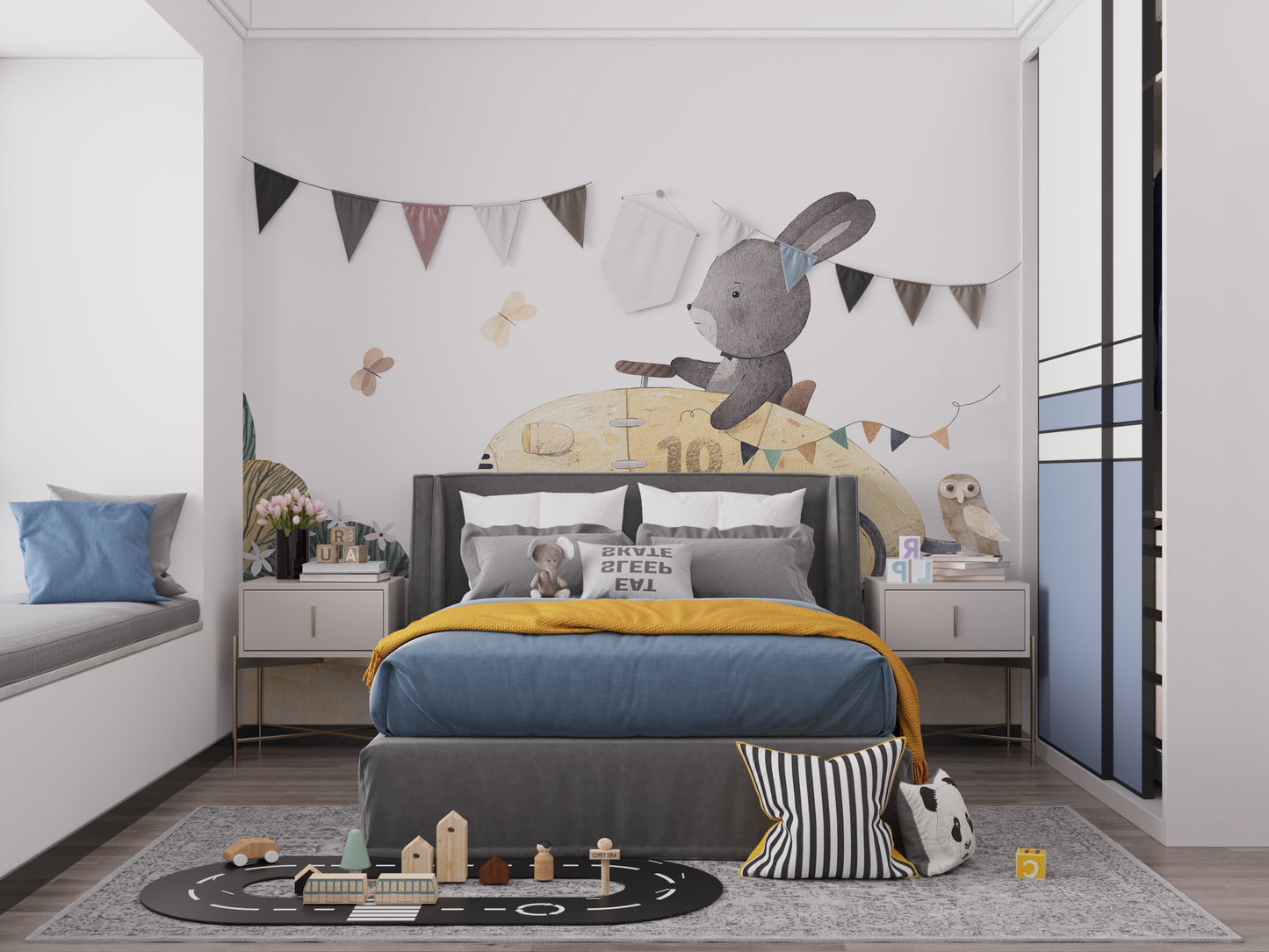 Playful Bunny Car Ride Kids Wall Mural