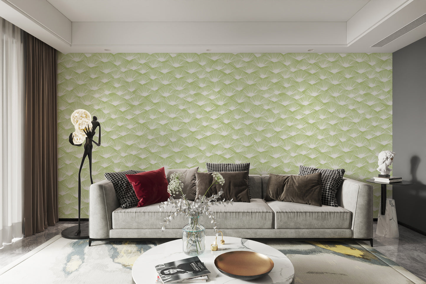 Tropical Sage wallpaper with intricate fan-inspired patterns.
