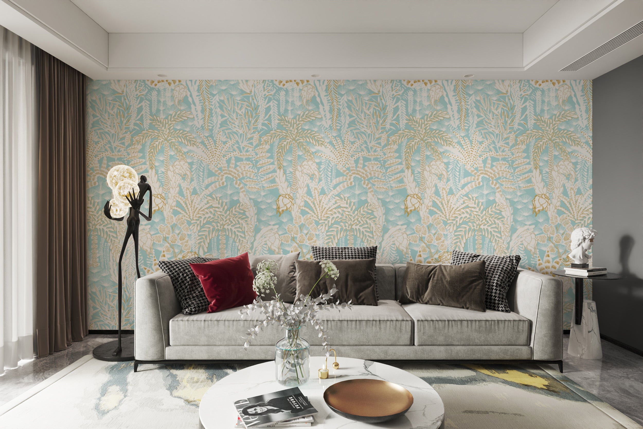 Artistic Coastal Breeze wallpaper for tranquil floral interiors.
