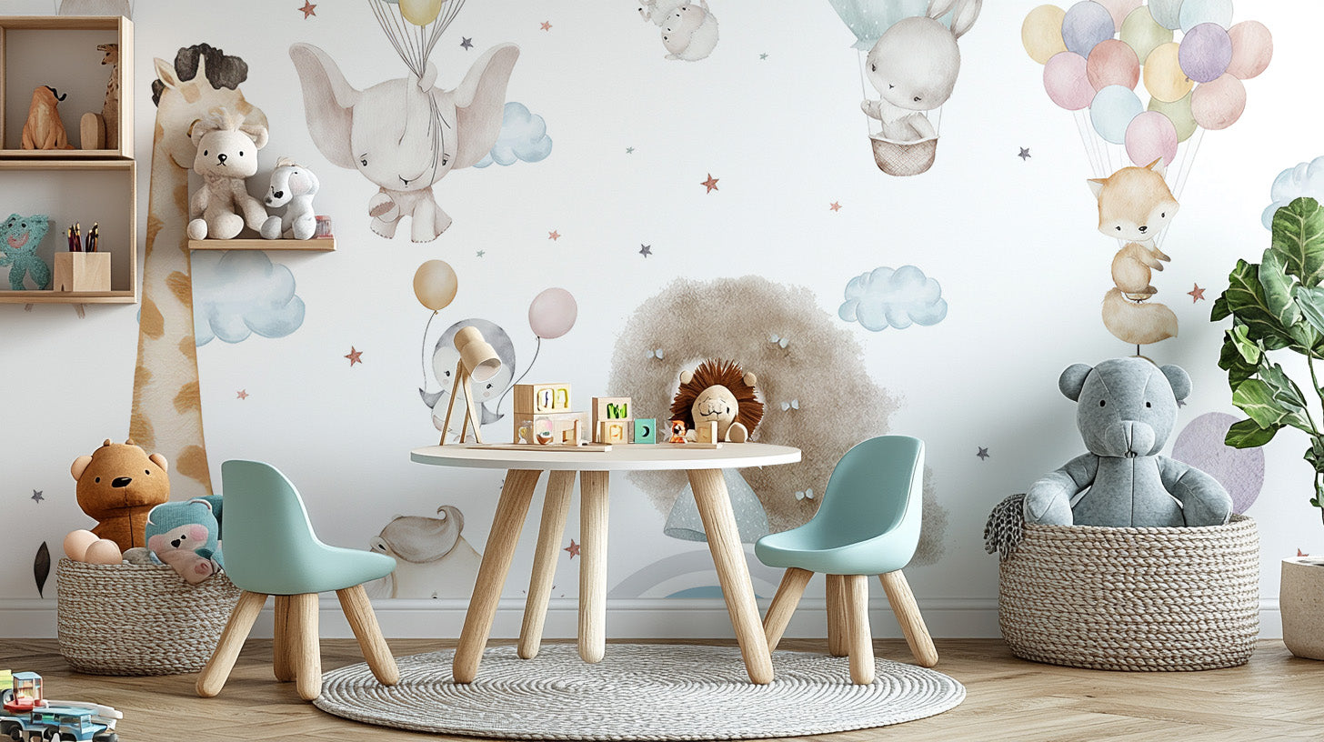 Fun and dreamy Cloud Nine wallpaper mural for kids' rooms.
