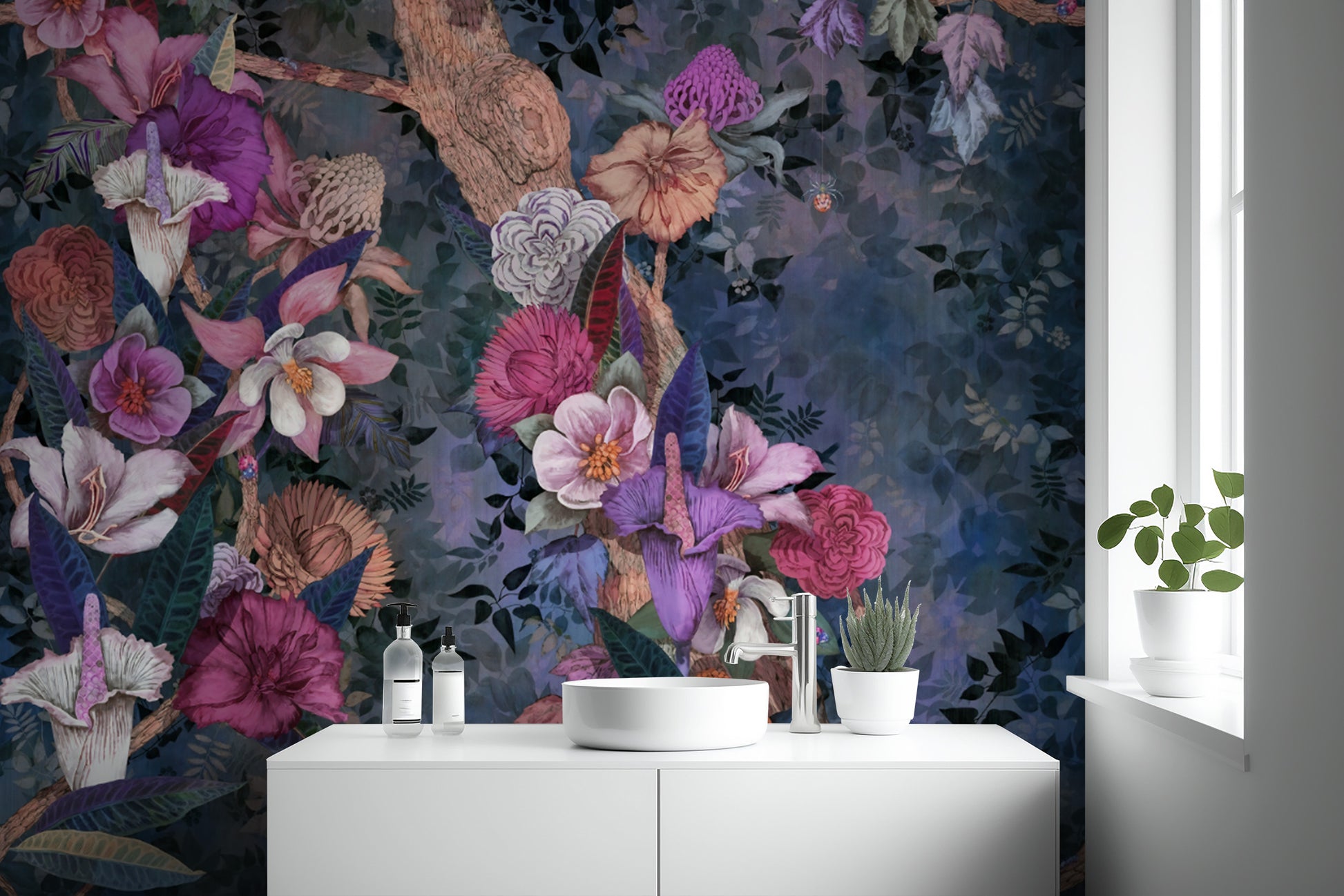 Artistic floral wall mural with vivid colors