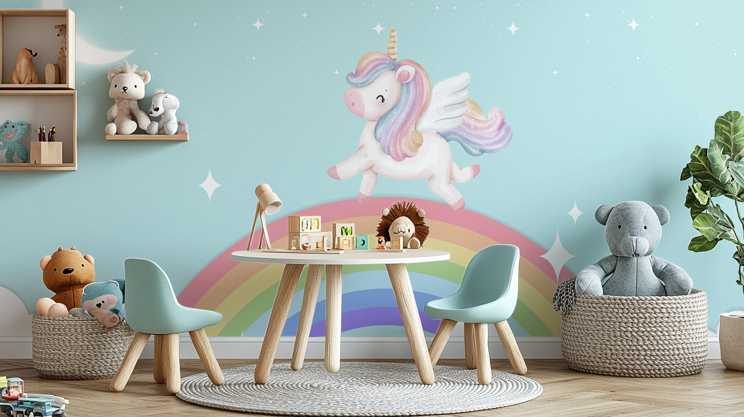 Whimsical unicorn wallpaper mural under a starlit rainbow.
