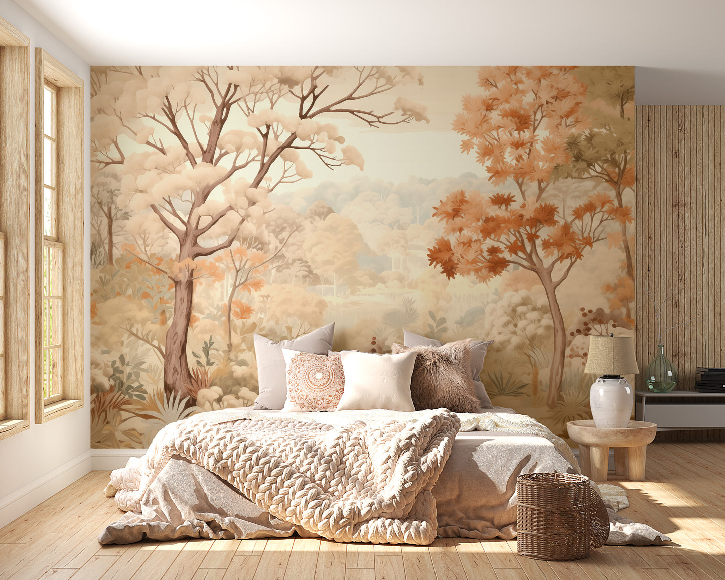 Forest Autumn Watercolor Beige Wallpaper