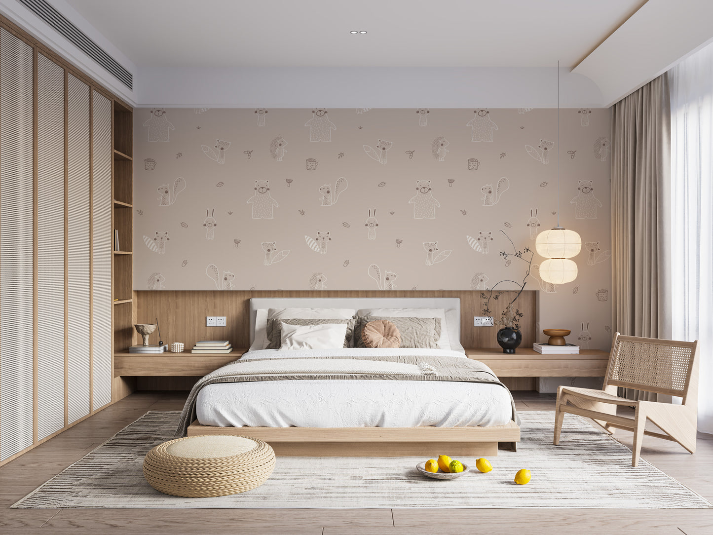 Beige forest animals mural for a playful yet subtle look.
