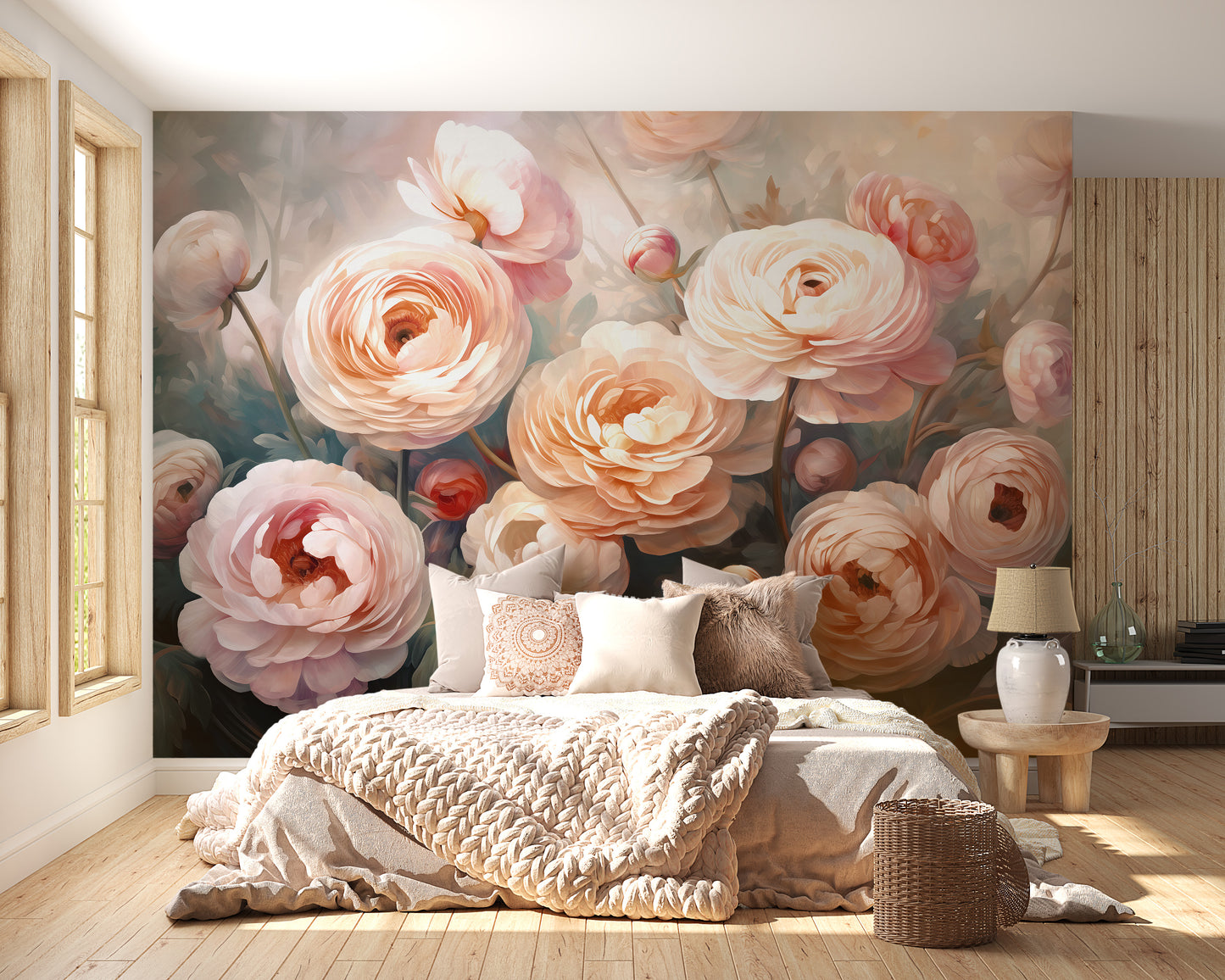 Add a touch of romance with ranunculus pink flower wallpaper mural.