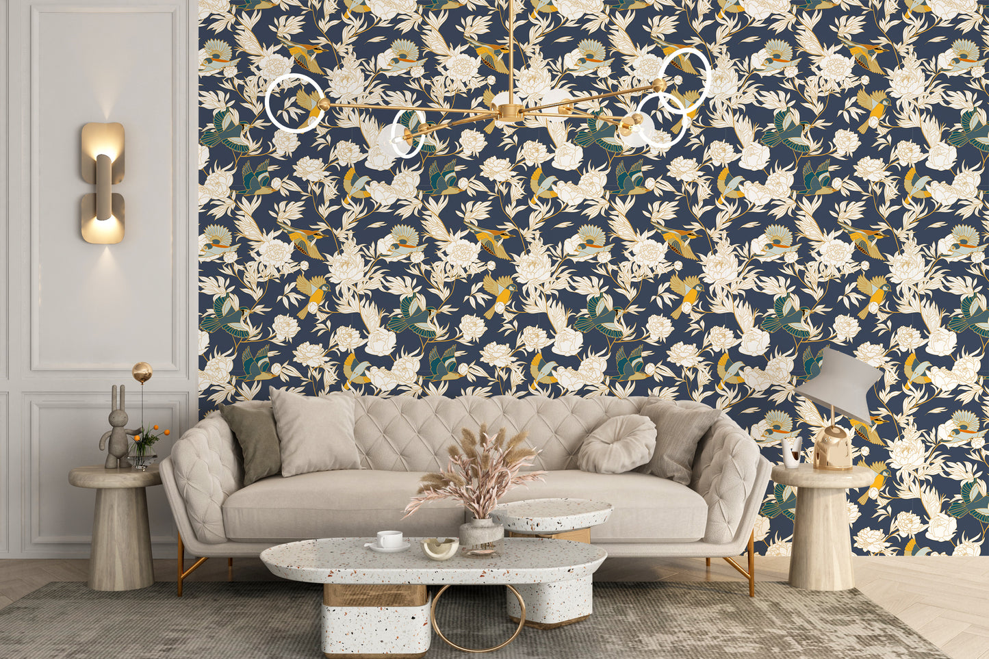 Artistic wallpaper featuring birds and flowers