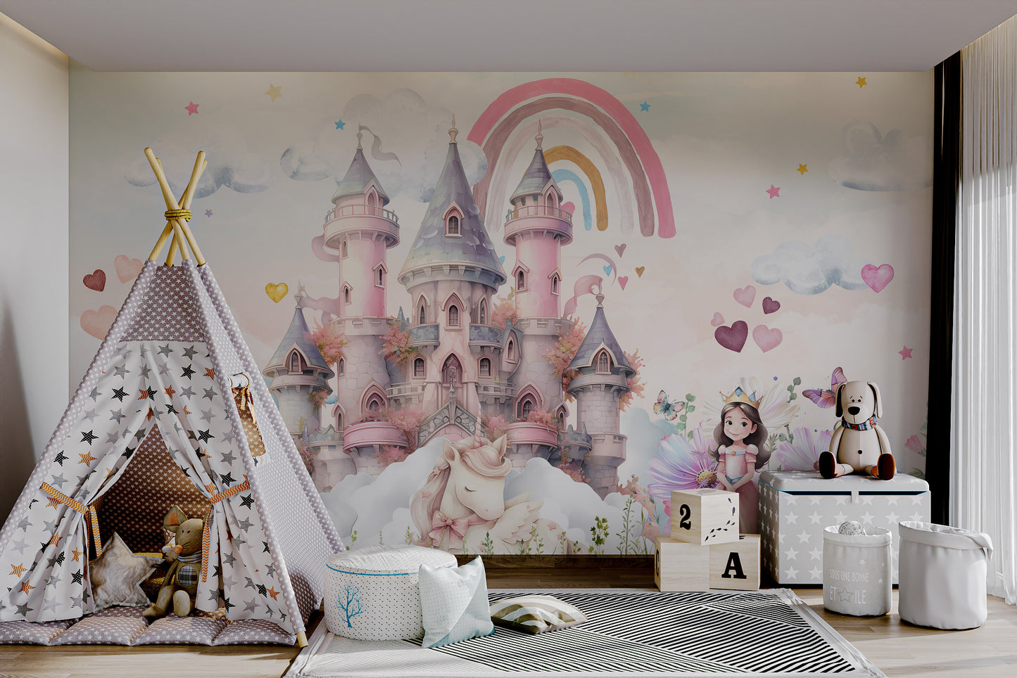 Whimsical castle with a unicorn and rainbow for a magical room setting