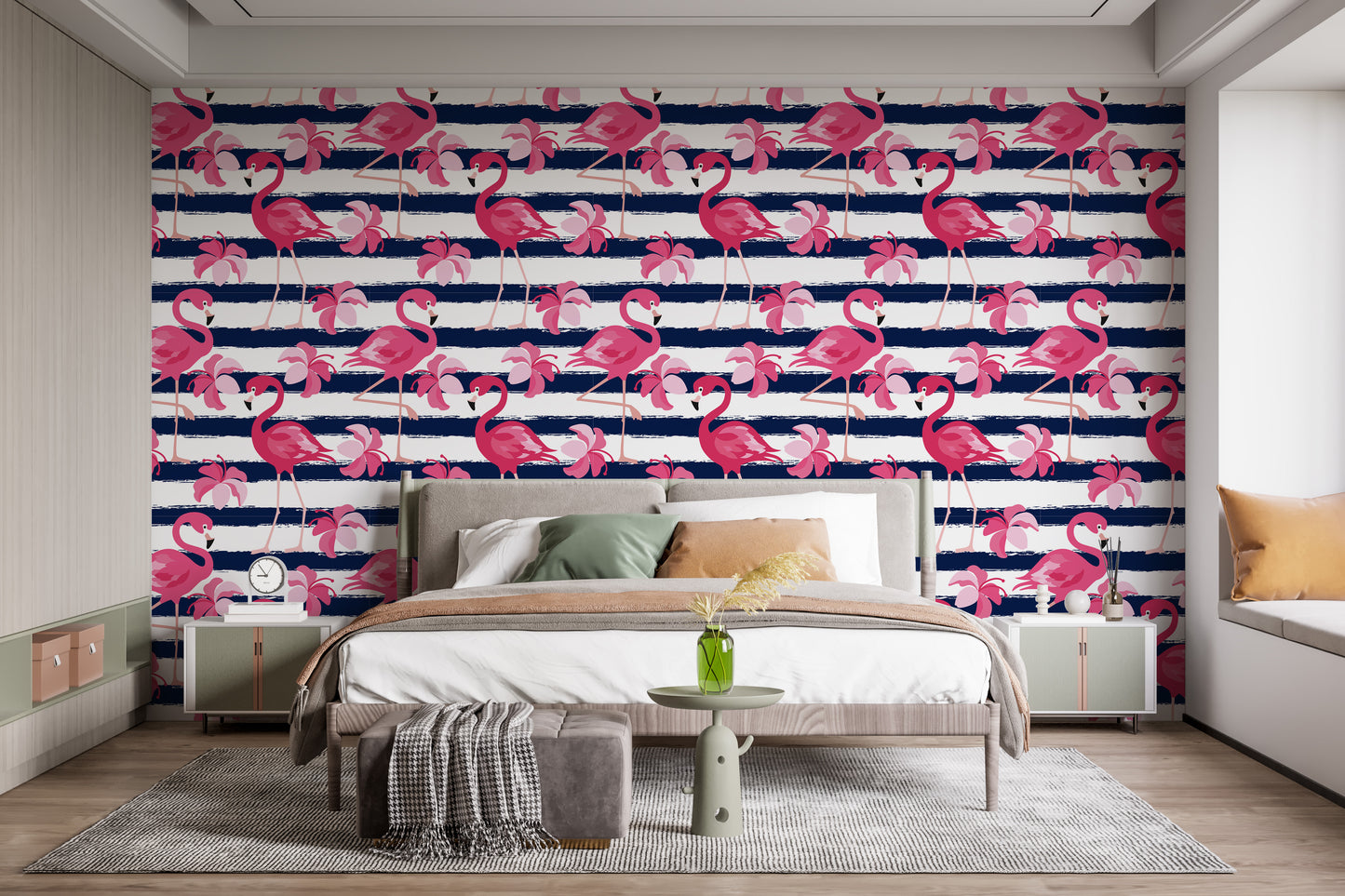 Blue Stripes & Pink Flamingo Wallpaper