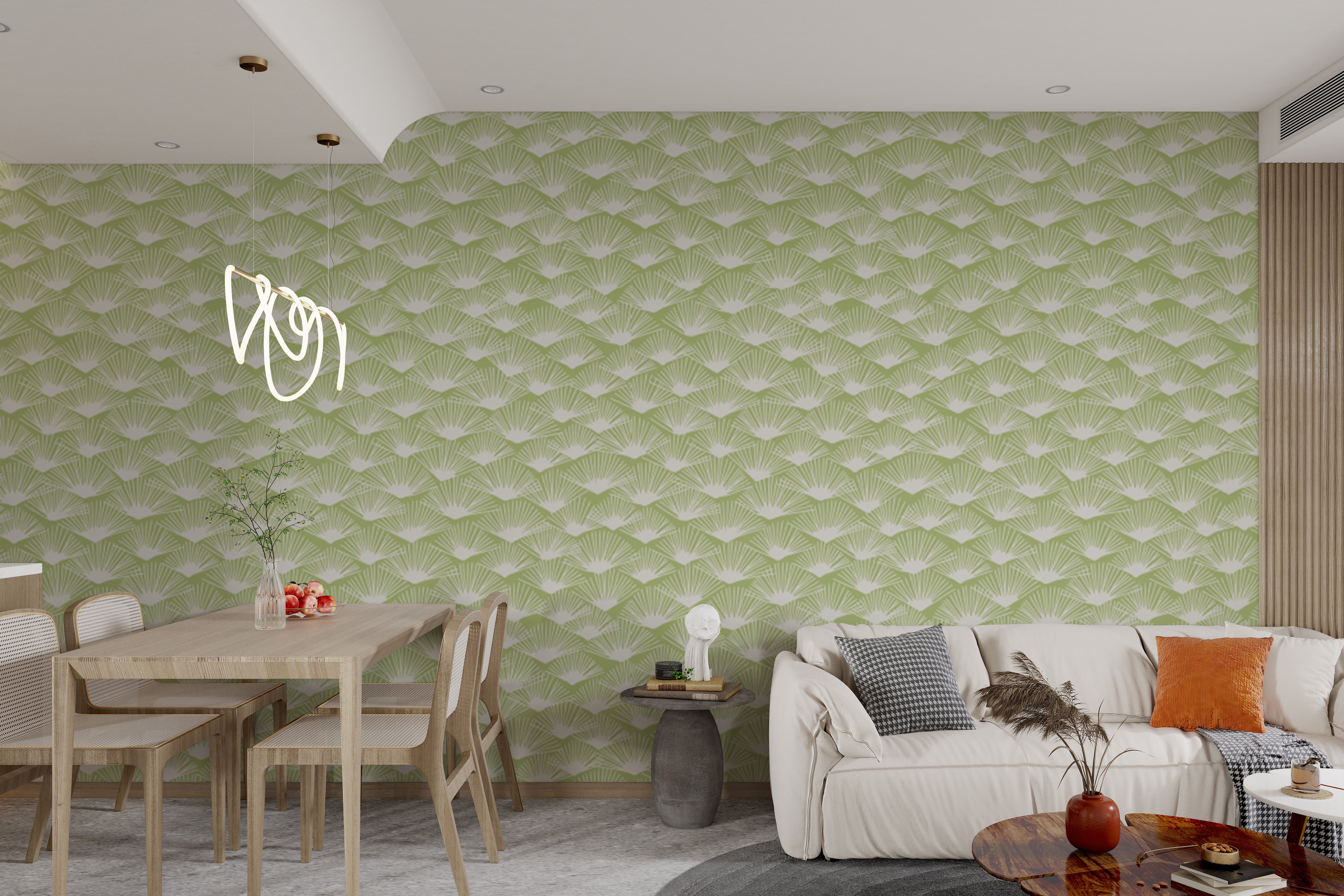 Warm Tropical Sage wallpaper with elegant fan motifs.
