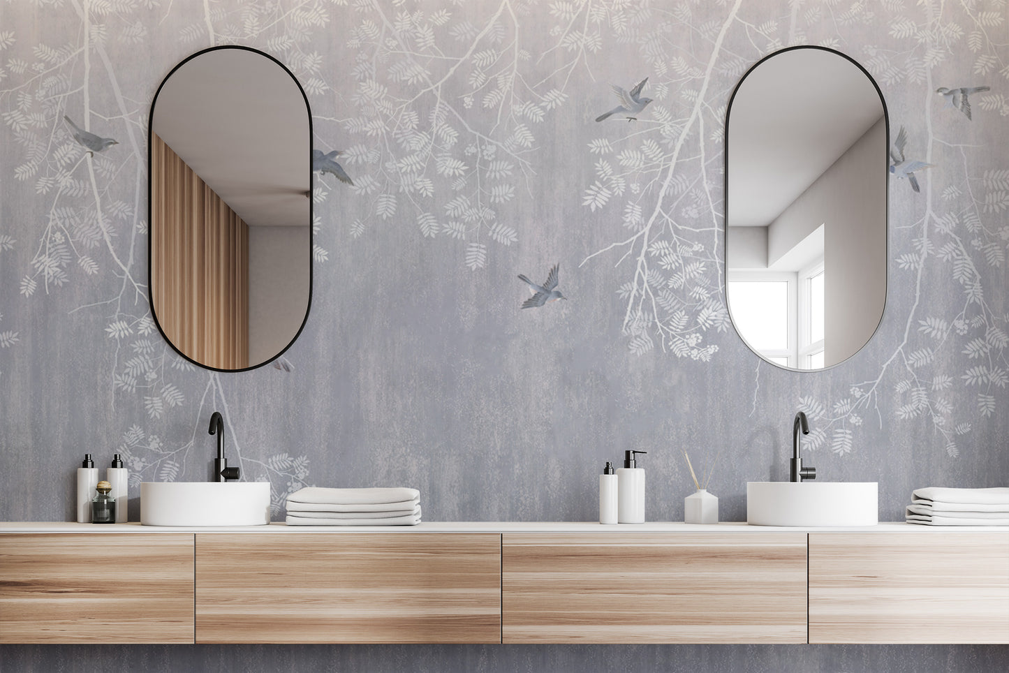 Scandinavian forest wall mural with delicate bird details
