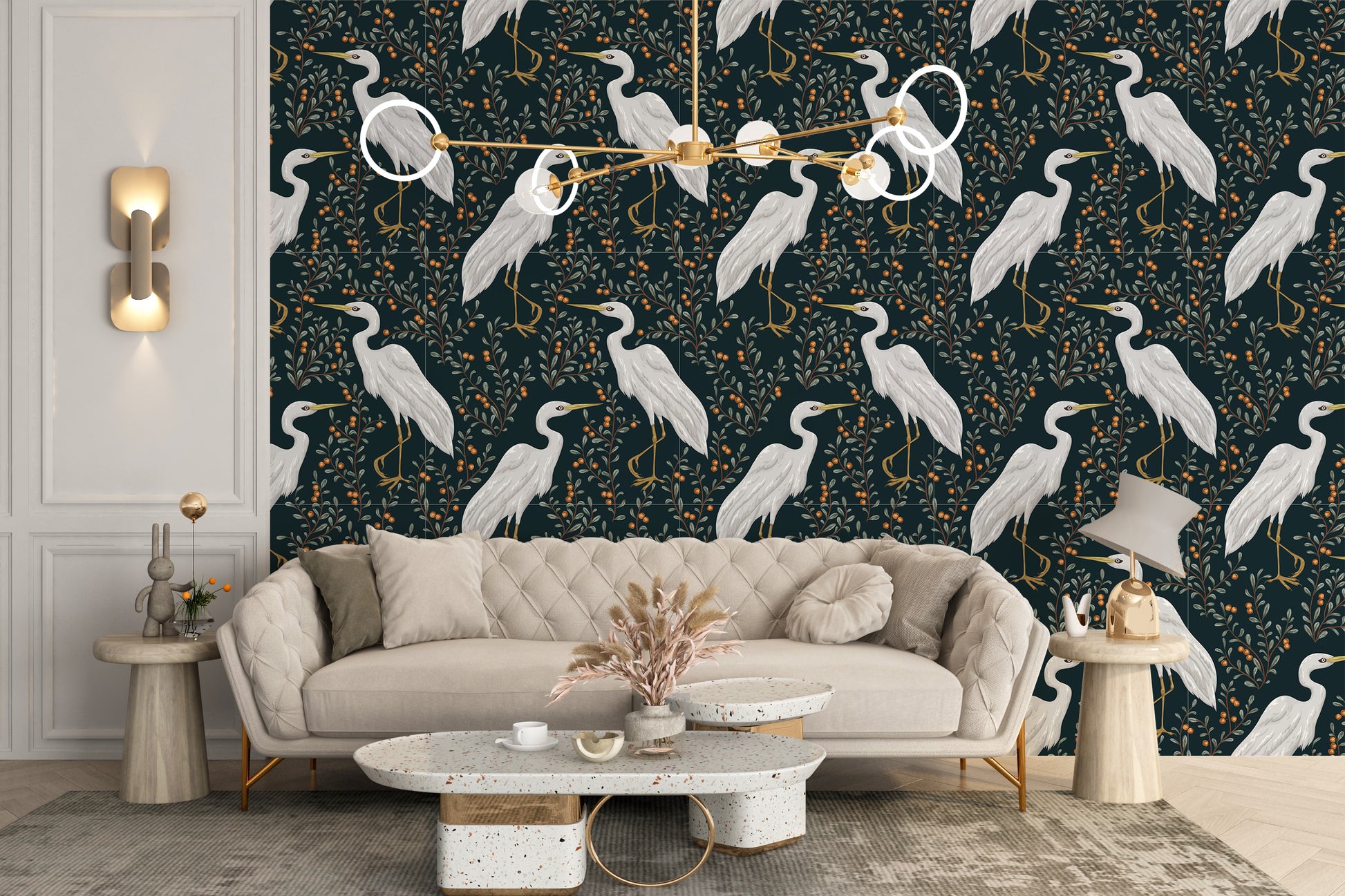 Serene heron wallpaper mural with detail