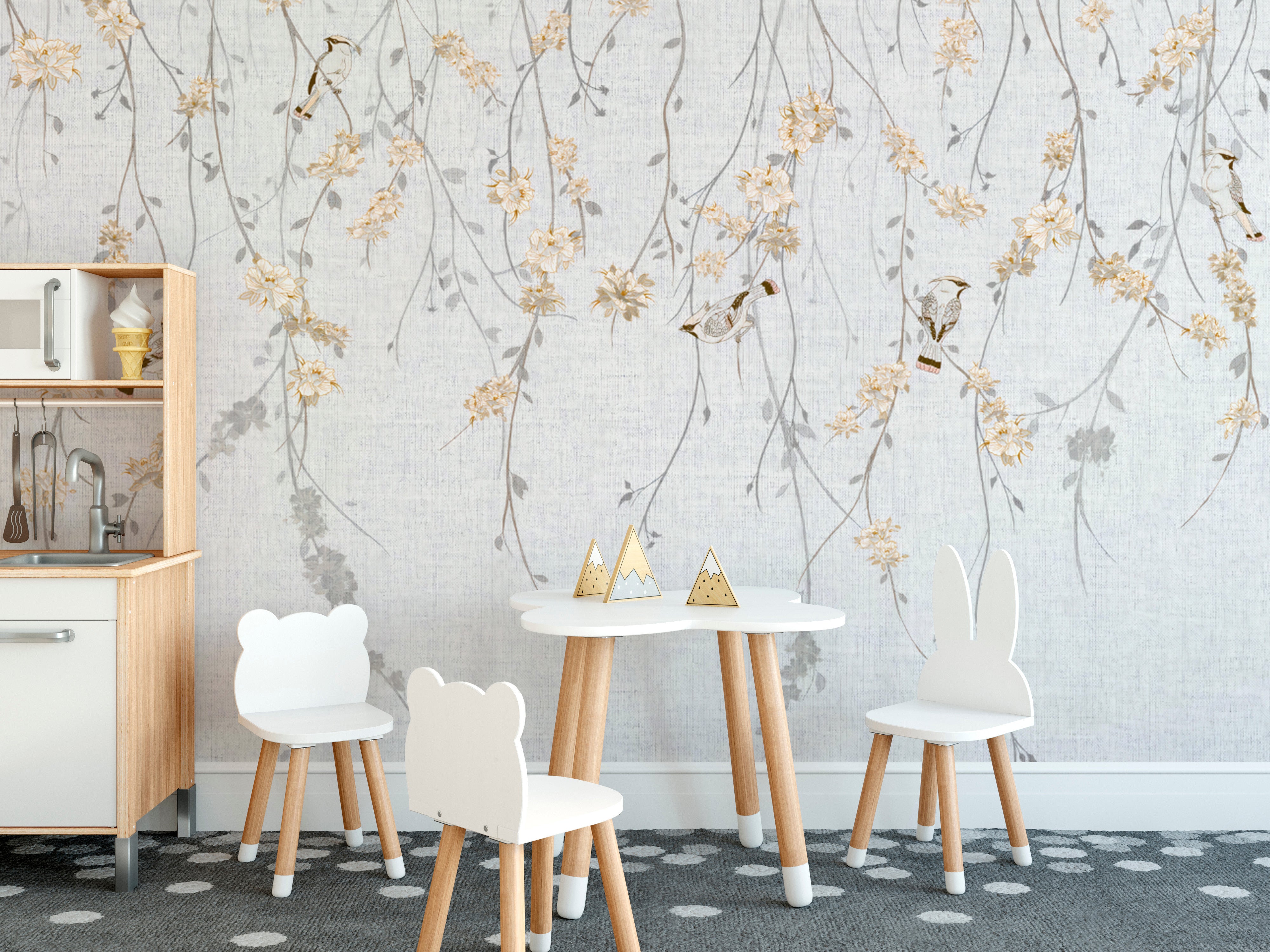 Charming leafy branch wallpaper with perched bird details.
