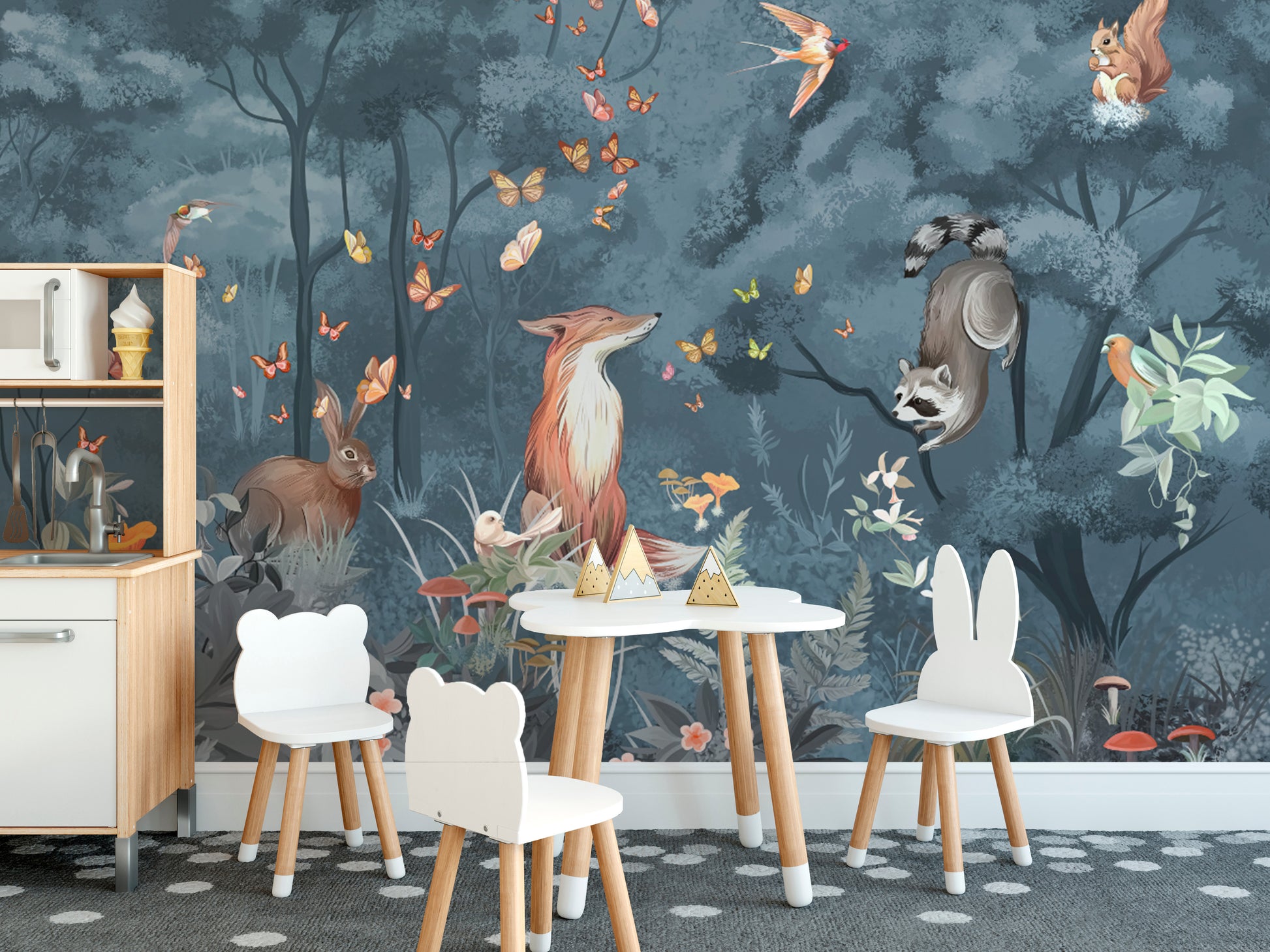 Forest animals and trees in serene wallpaper mural.
