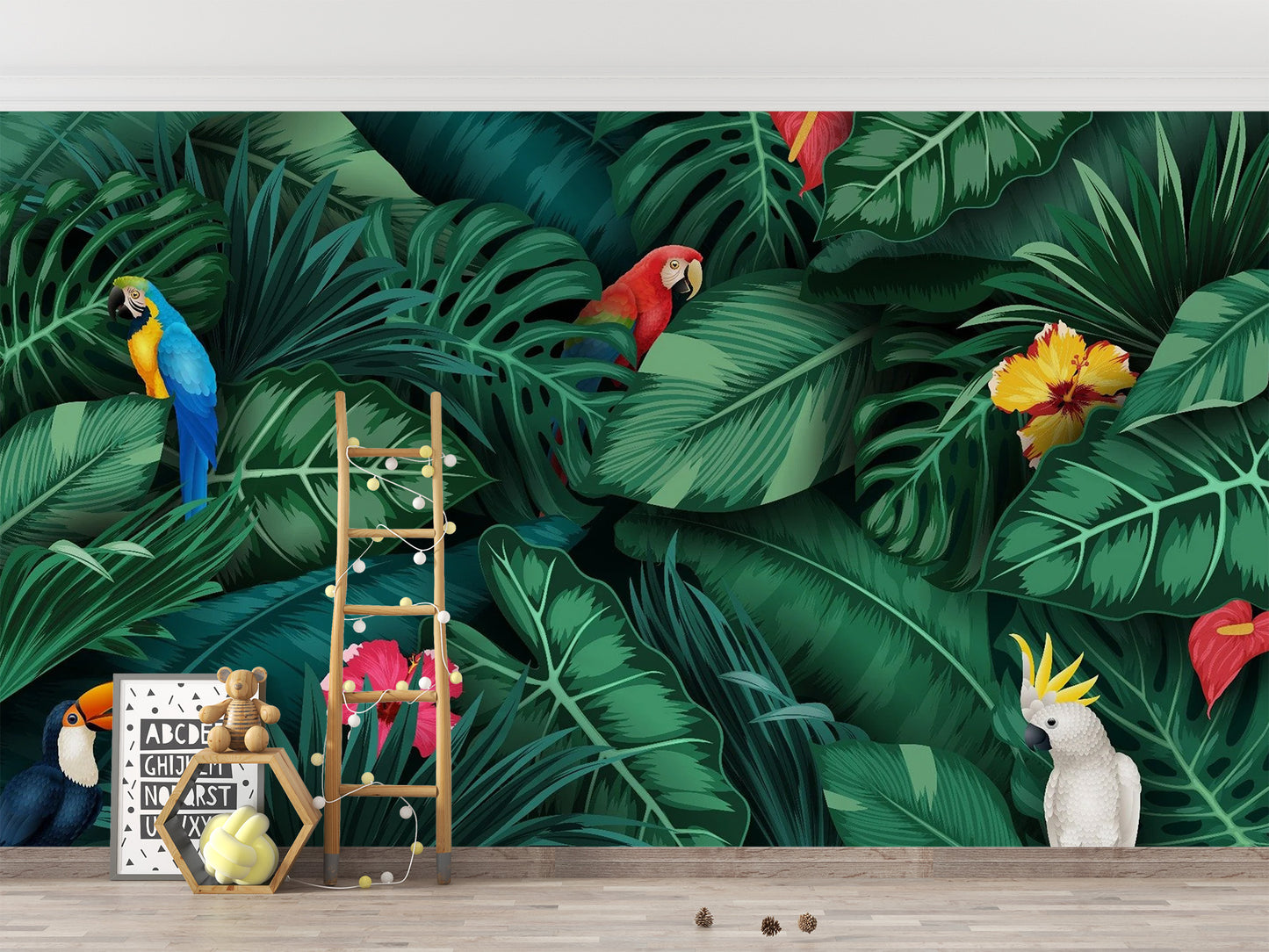 Tropical Green Leaves and Birds Wallpaper Mural