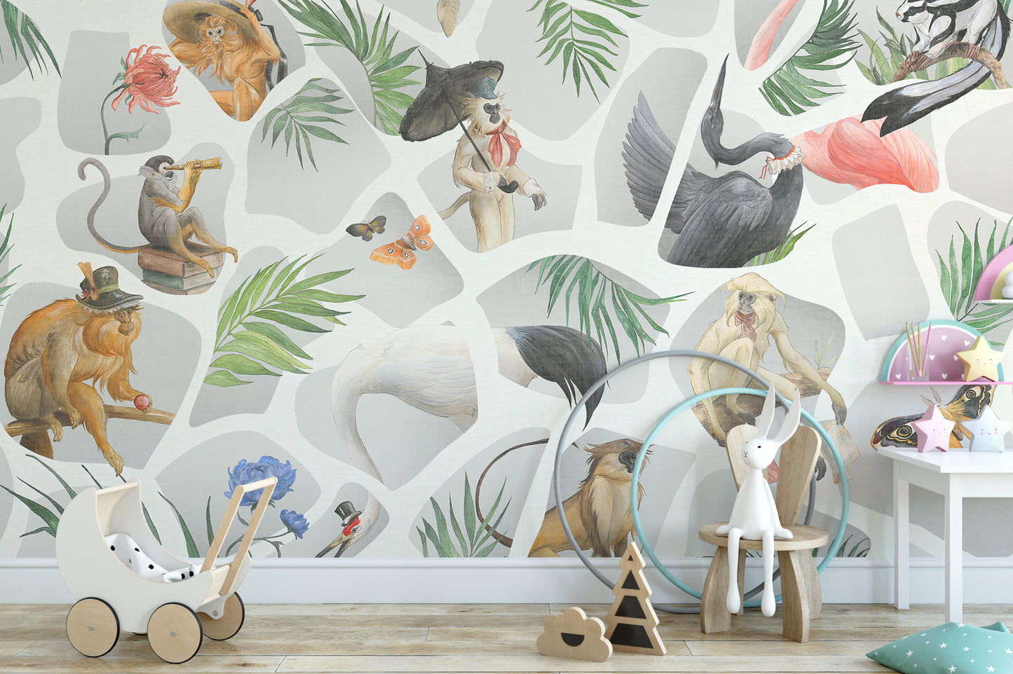 Subtle gray wallpaper mural with monkeys and birds in watercolor.
